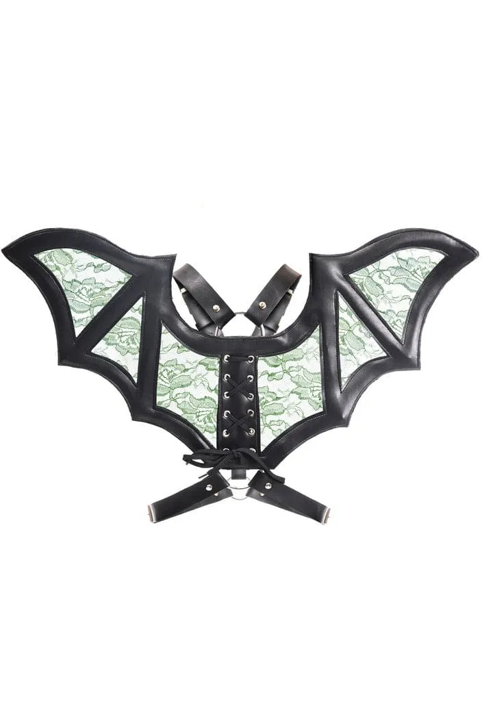 Black with Green Faux Leather & Lace Wing Harness