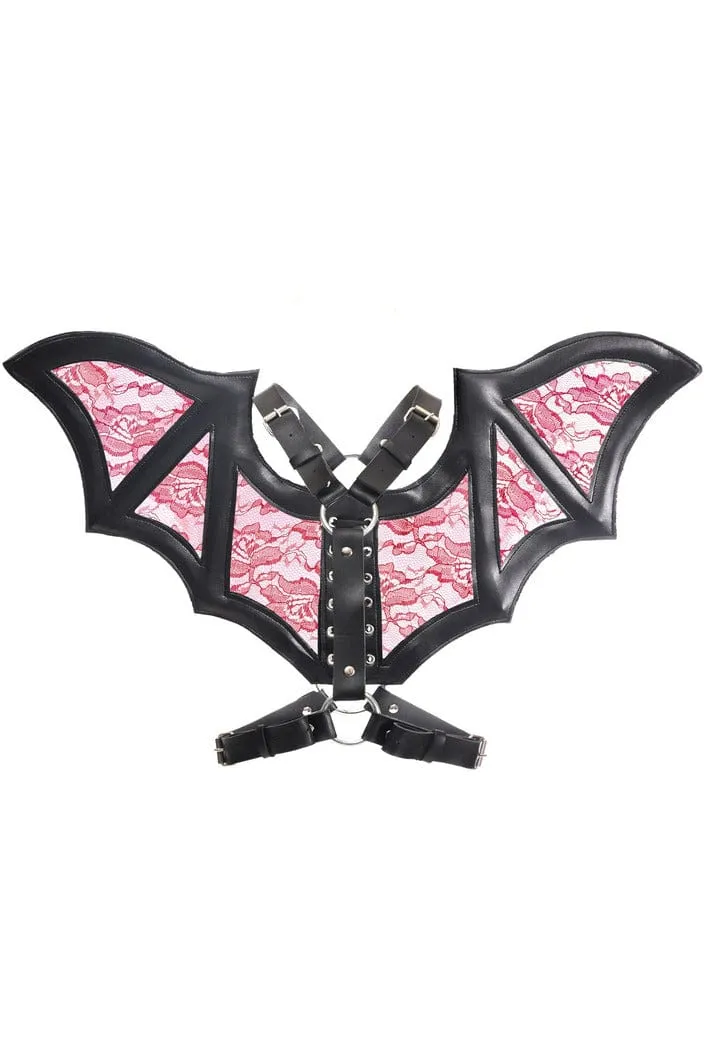 Black with Red Faux Leather & Lace Wing Harness