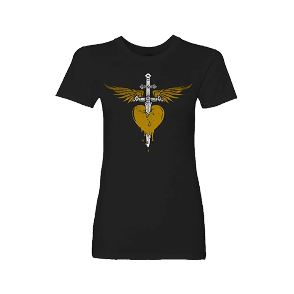 Womens Bon Jovi Gold Heart & Dagger Graphic T-Shirt