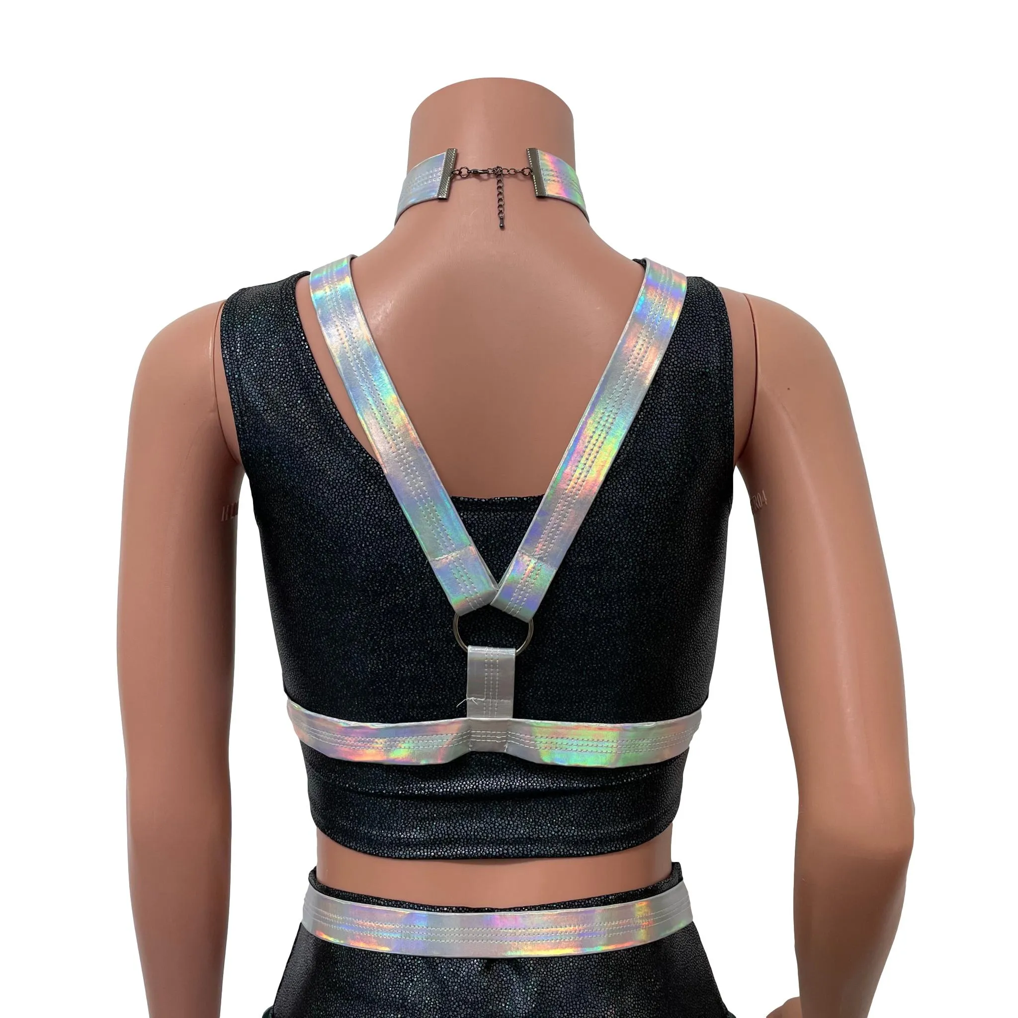 Cage Bra Harness Top in Opal Holographic | Rave Body Chest Harness w/ Choker