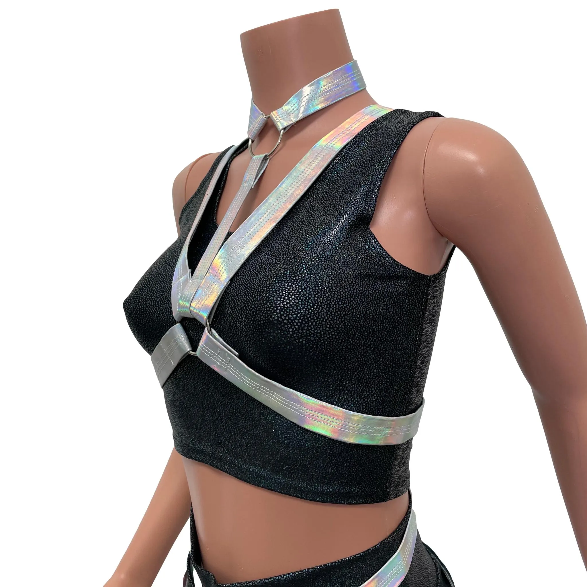 Cage Bra Harness Top in Opal Holographic | Rave Body Chest Harness w/ Choker