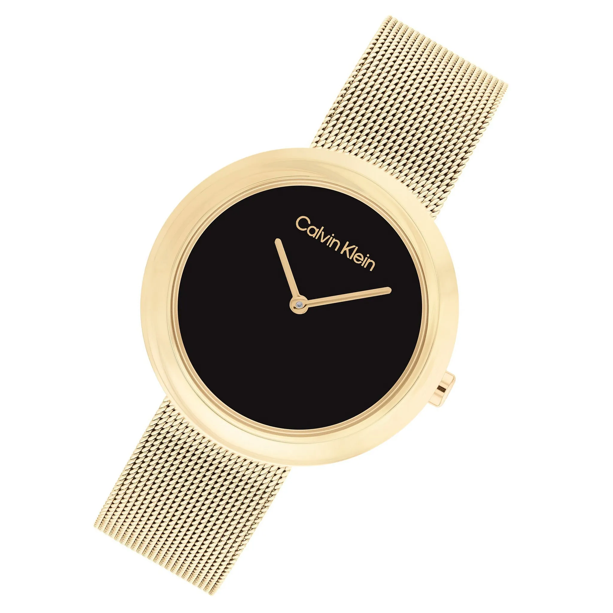 Calvin Klein Twisted Bezel Gold Mesh Black Dial Women's Watch - 25200012