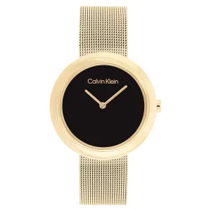 Calvin Klein Twisted Bezel Gold Mesh Black Dial Women's Watch - 25200012