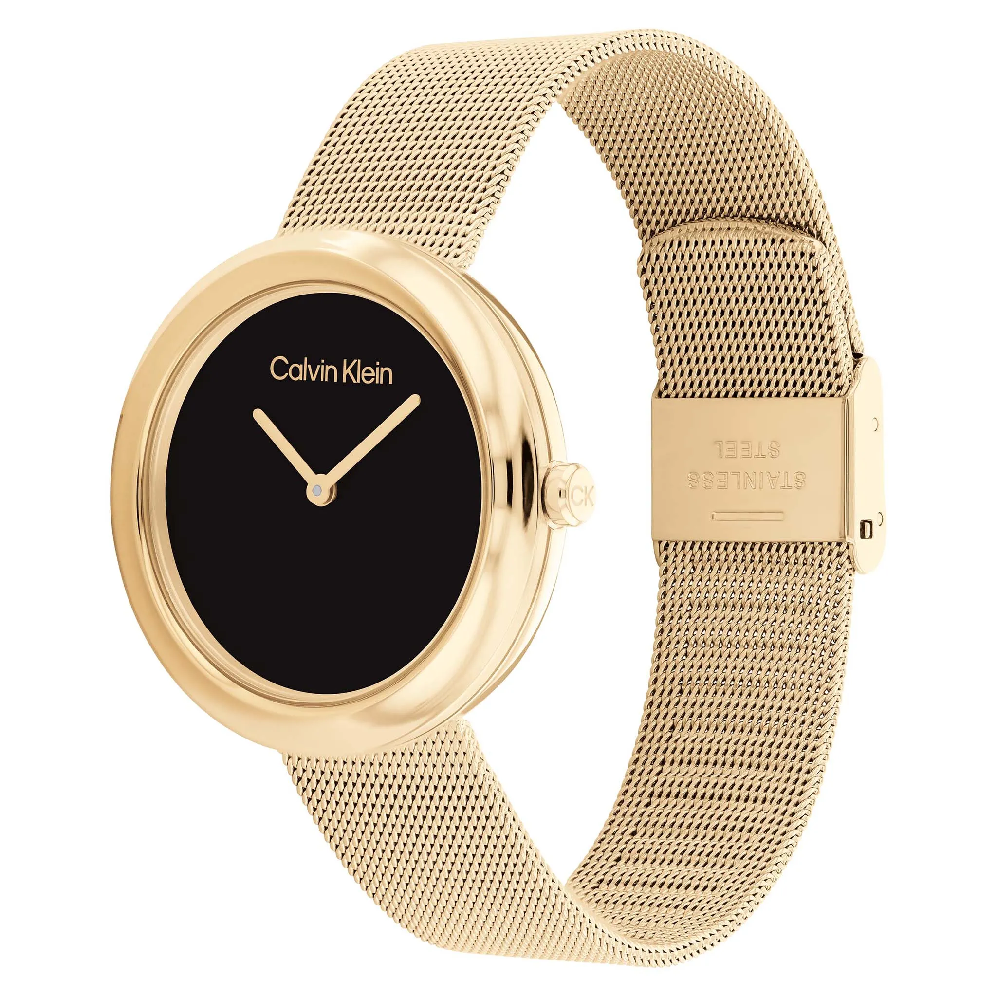 Calvin Klein Twisted Bezel Gold Mesh Black Dial Women's Watch - 25200012