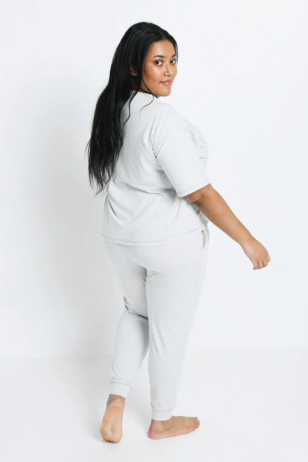 Curve Brushed Cotton Pyjama Set - Light Grey Striped