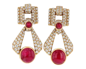 David Webb Cabochon Ruby and Diamond Earrings