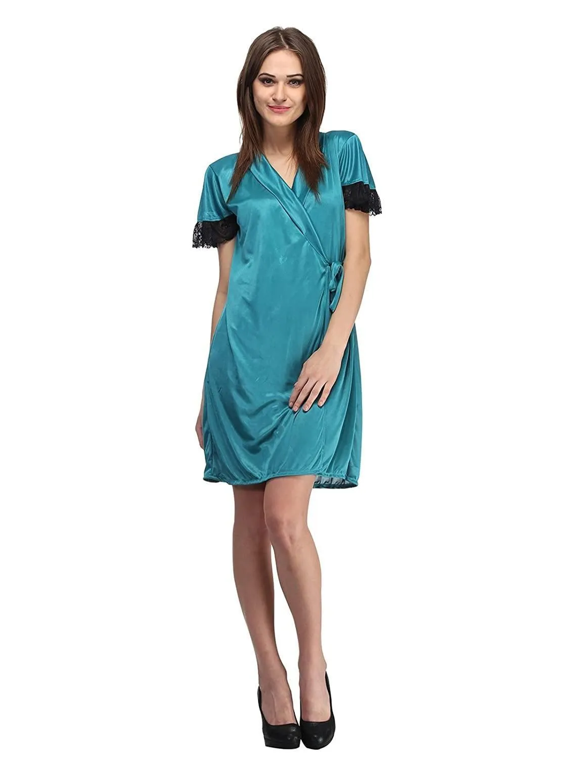 Designer mart Women's Poly Satin Solid Robe (Teal , Free Size)