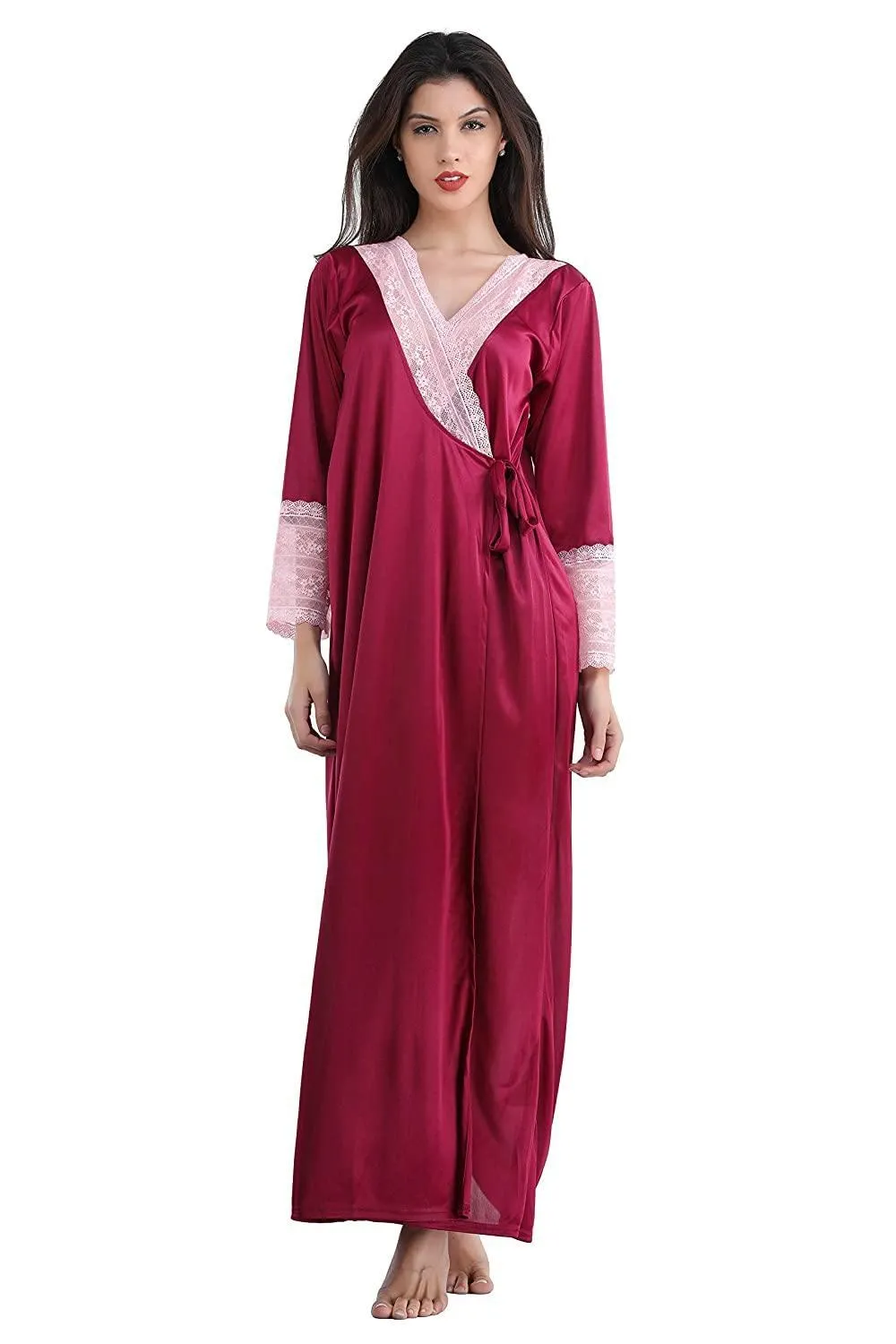 Designer mart Women's Satin Nightwear Set of 6 Pcs Nighty, Wrap Gown, Top,Pajama, Bra & Thong