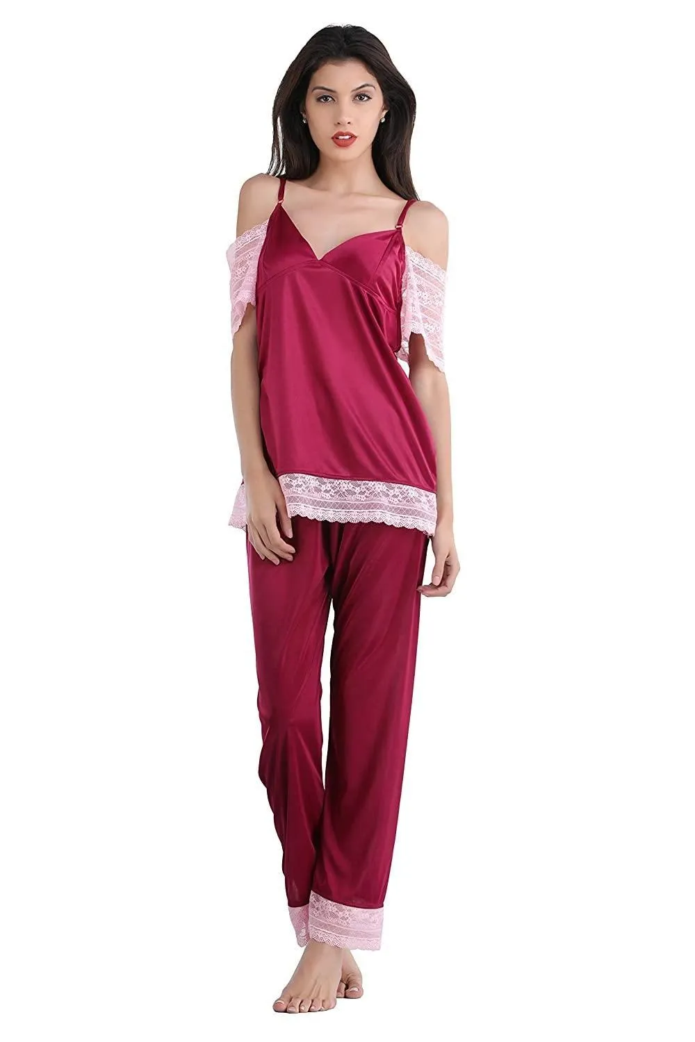 Designer mart Women's Satin Nightwear Set of 6 Pcs Nighty, Wrap Gown, Top,Pajama, Bra & Thong