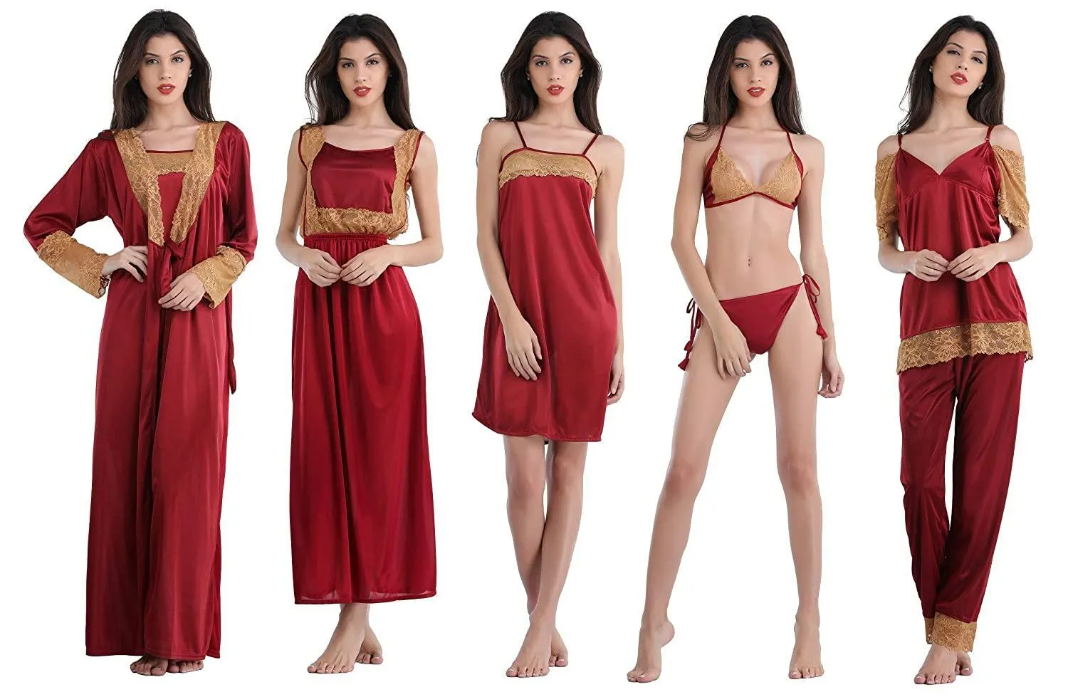 Designer mart Women's Satin Nightwear Set of 6 Pcs Nighty, Wrap Gown, Top,Pajama, Bra & Thong