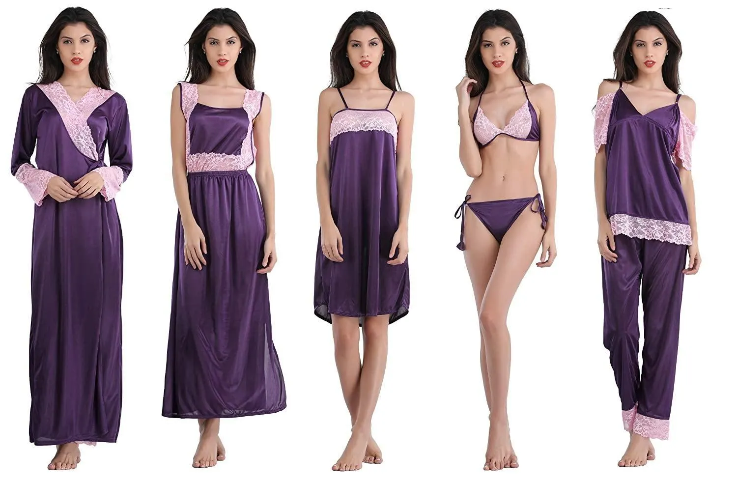 Designer mart Women's Satin Nightwear Set of 6 Pcs Nighty, Wrap Gown, Top,Pajama, Bra & Thong