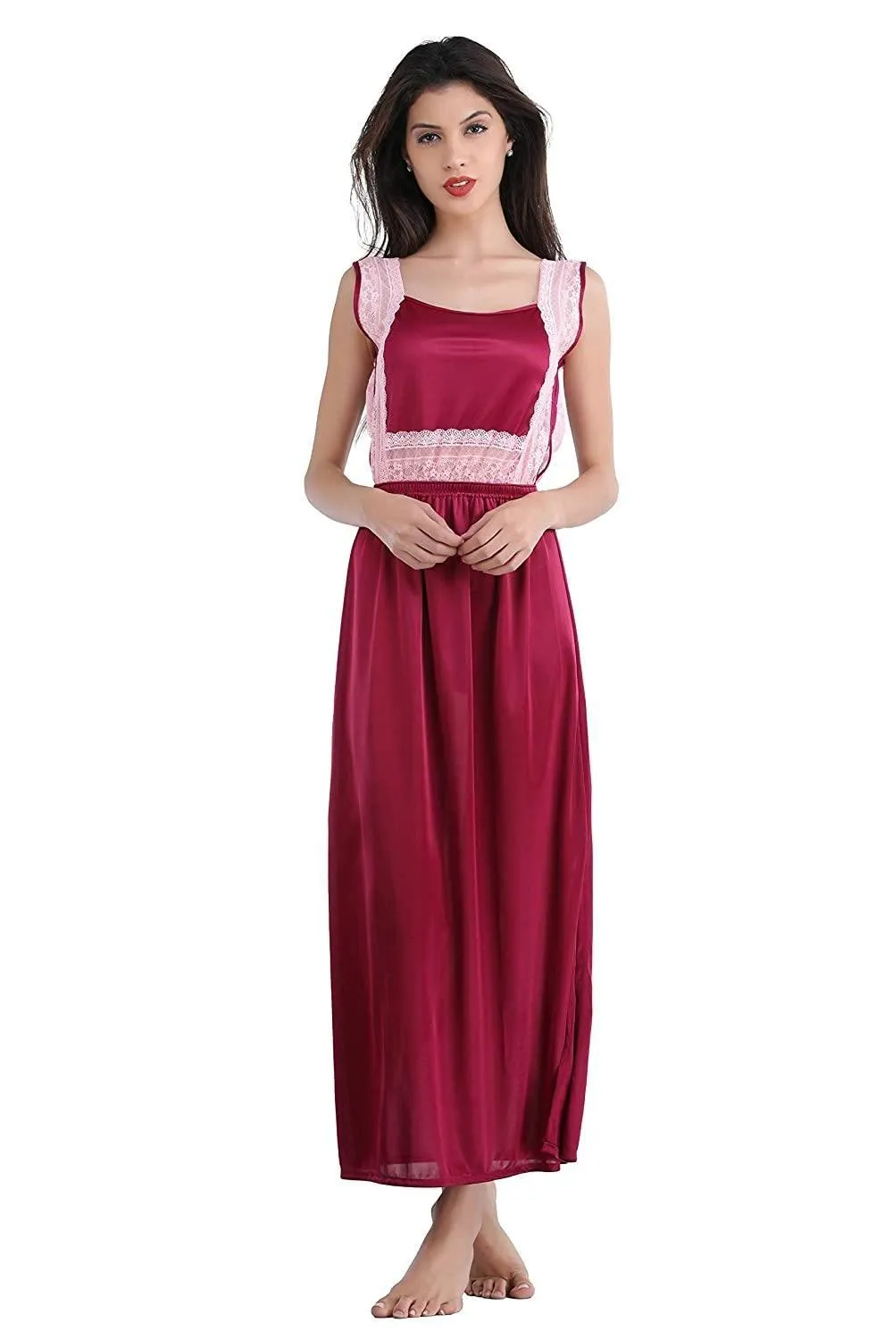 Designer mart Women's Satin Nightwear Set of 6 Pcs Nighty, Wrap Gown, Top,Pajama, Bra & Thong