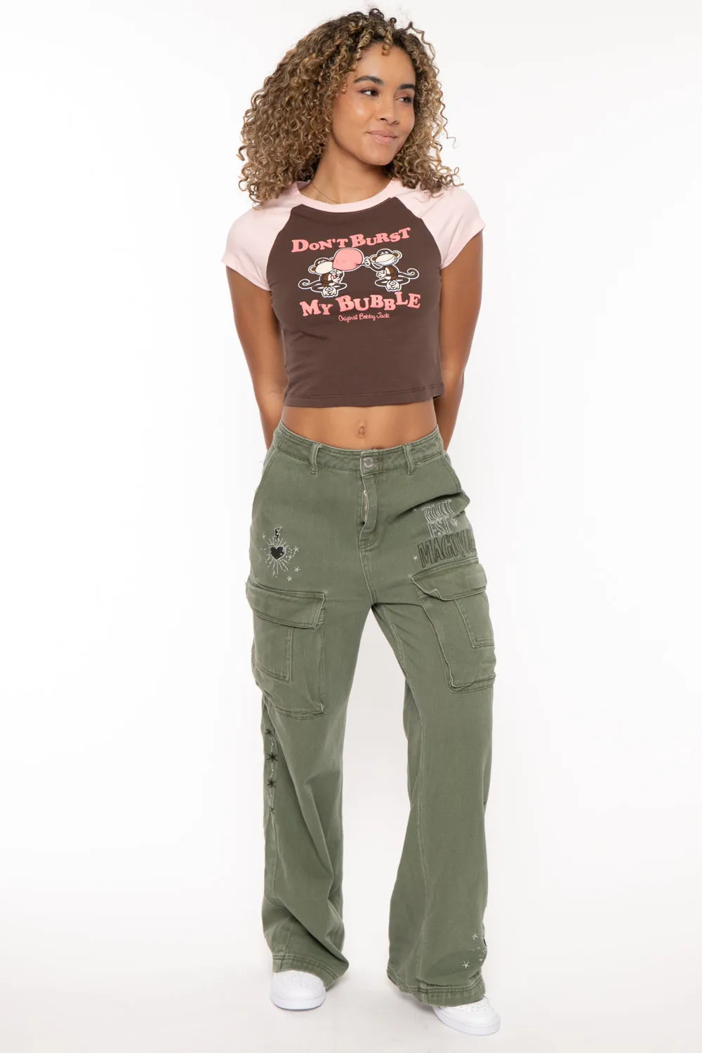 Don't Burst My Bubble - Bobby Jack Crop Raglan Top - Brown