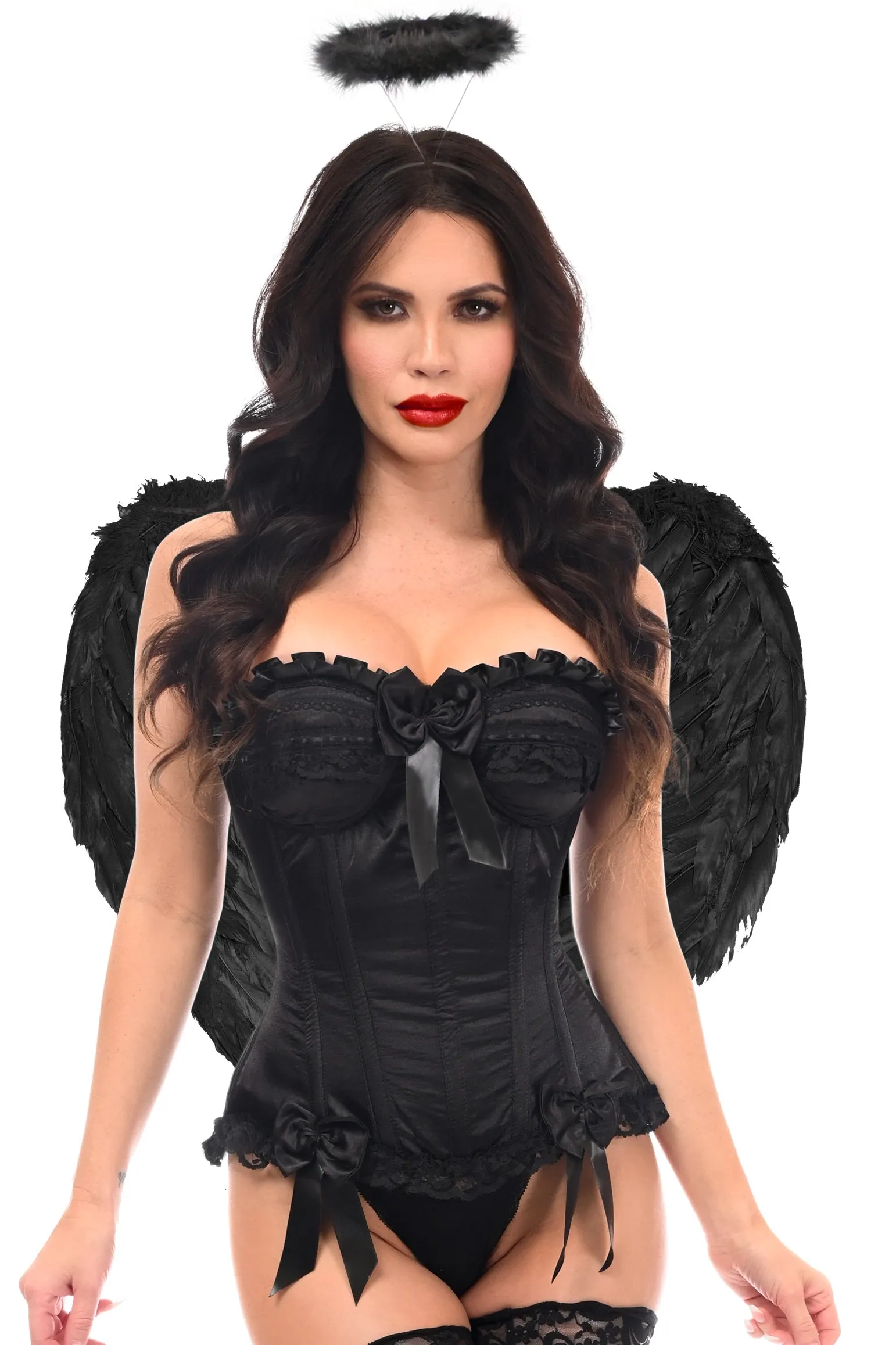 Exclusive 3 PC Burlesque Satin Corset Black Angel Costume