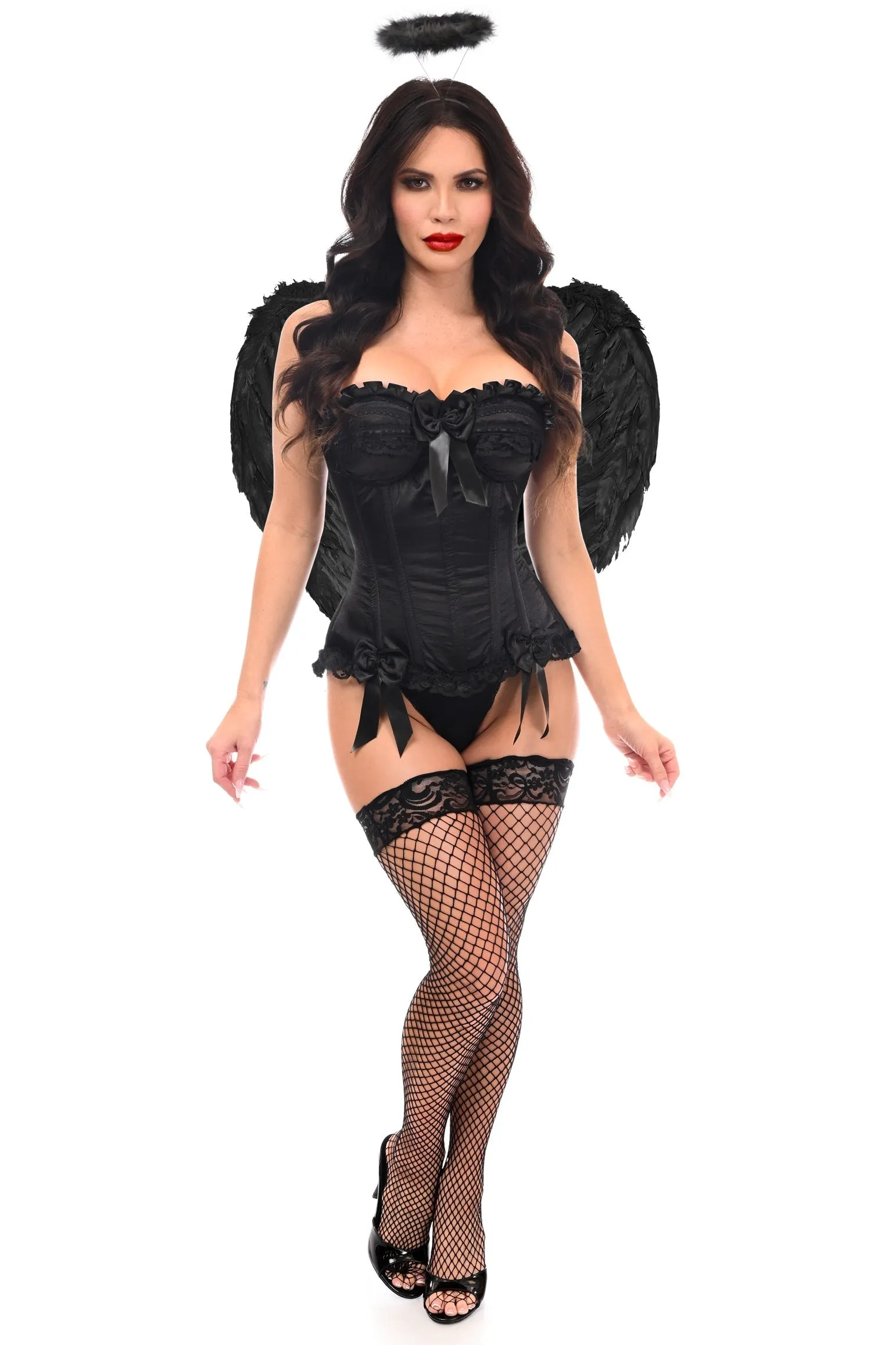 Exclusive 3 PC Burlesque Satin Corset Black Angel Costume