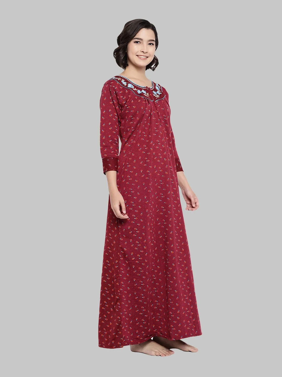 Floral Woolen Nighty - Wine & Multicolor