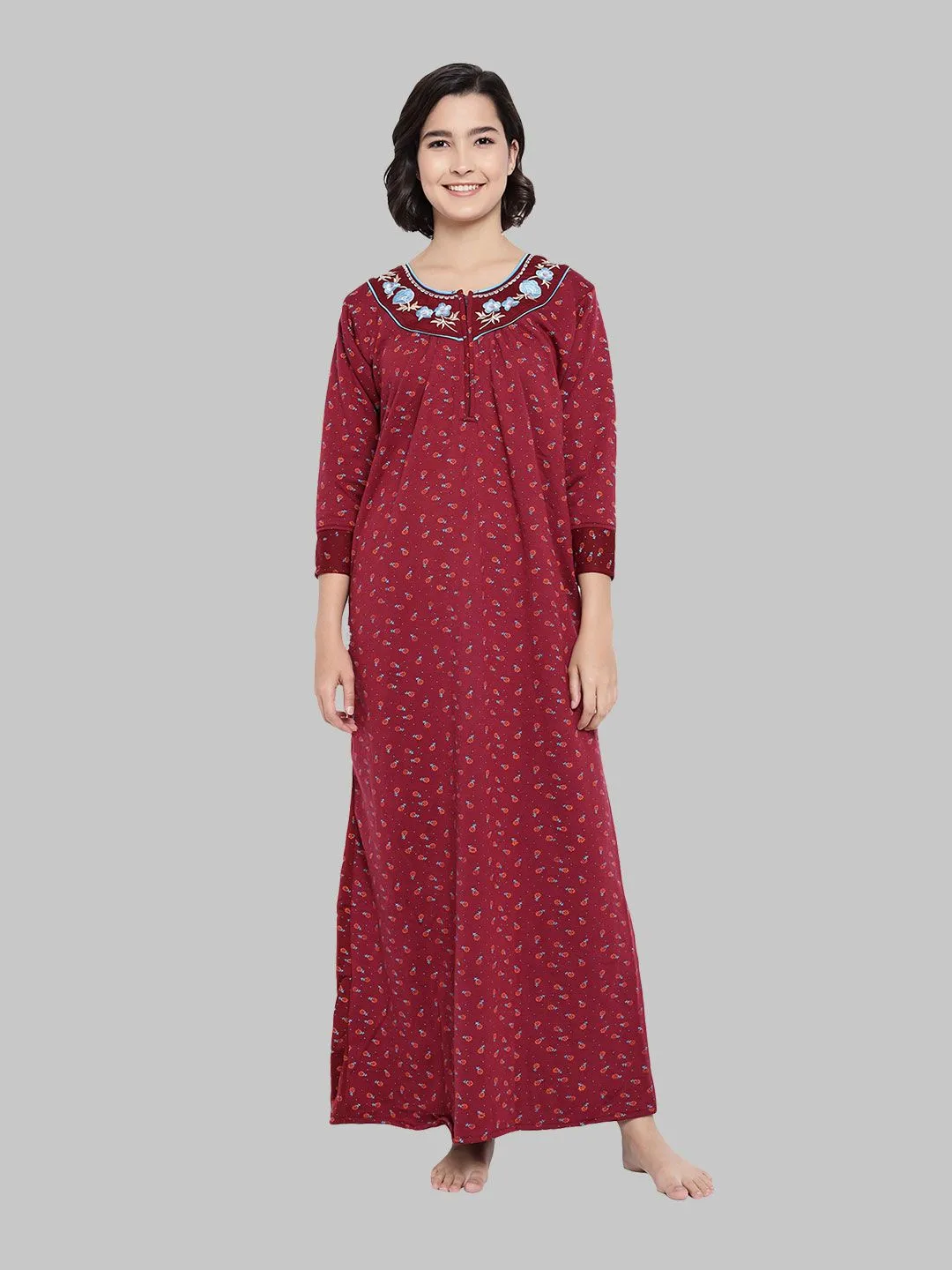 Floral Woolen Nighty - Wine & Multicolor