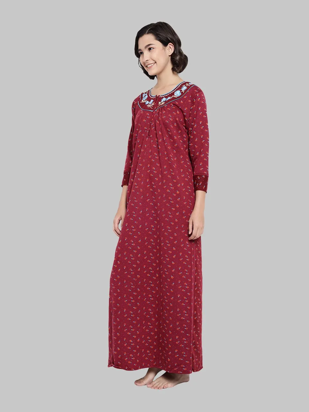 Floral Woolen Nighty - Wine & Multicolor