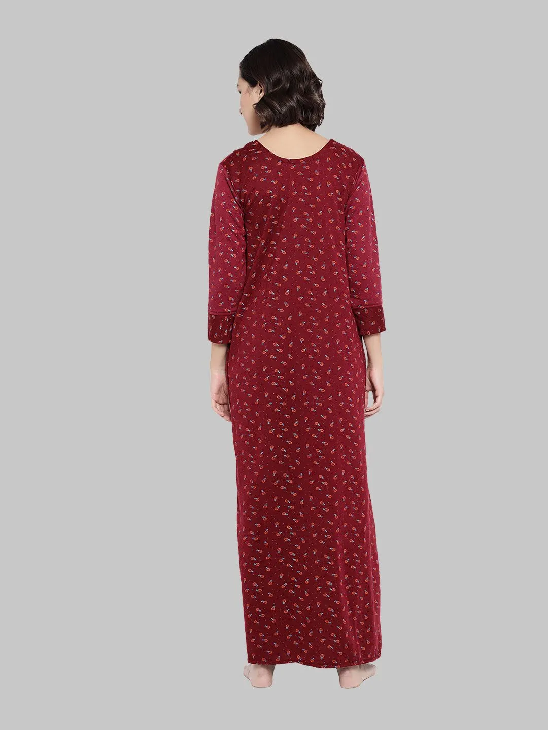 Floral Woolen Nighty - Wine & Multicolor