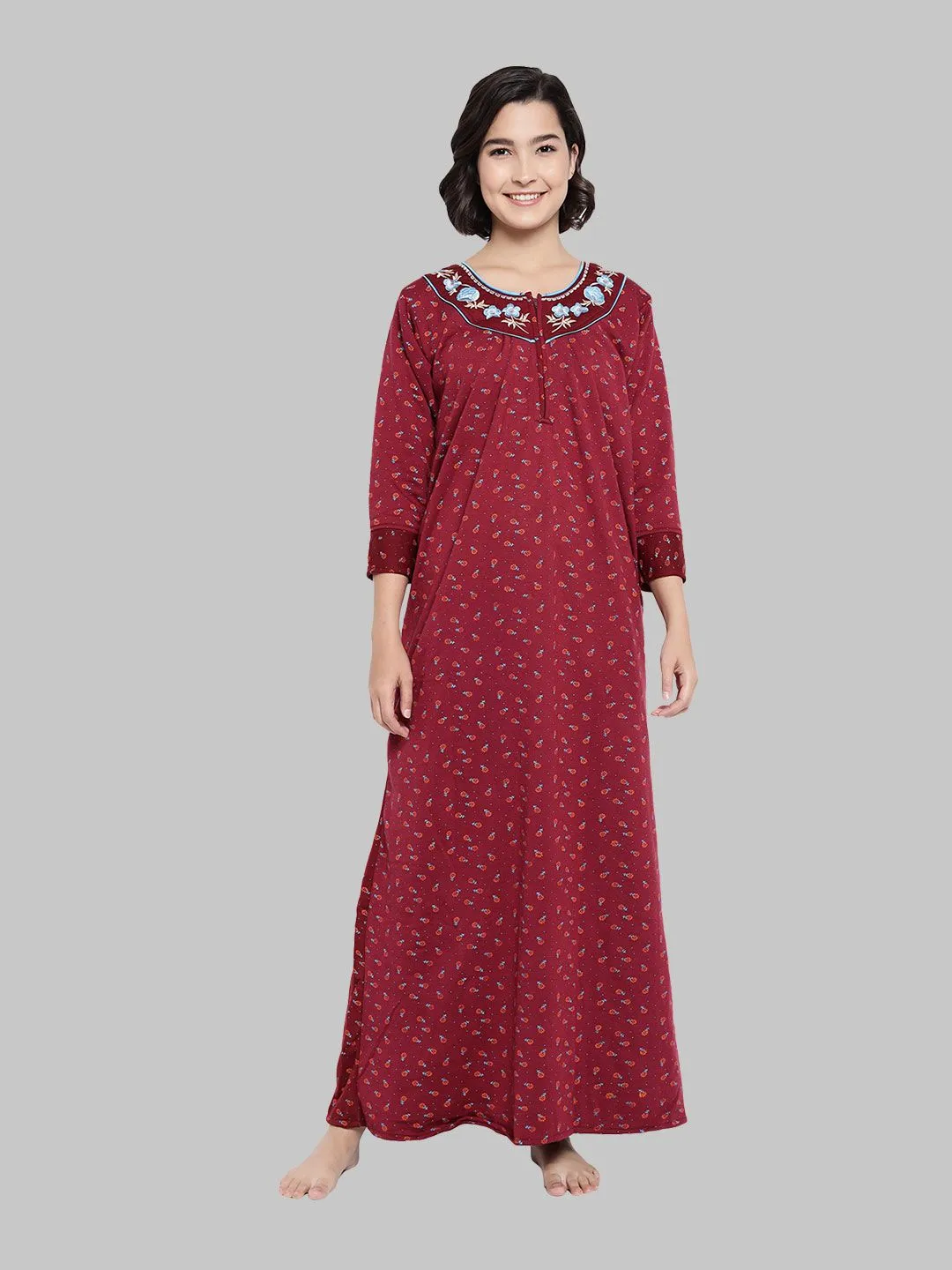 Floral Woolen Nighty - Wine & Multicolor