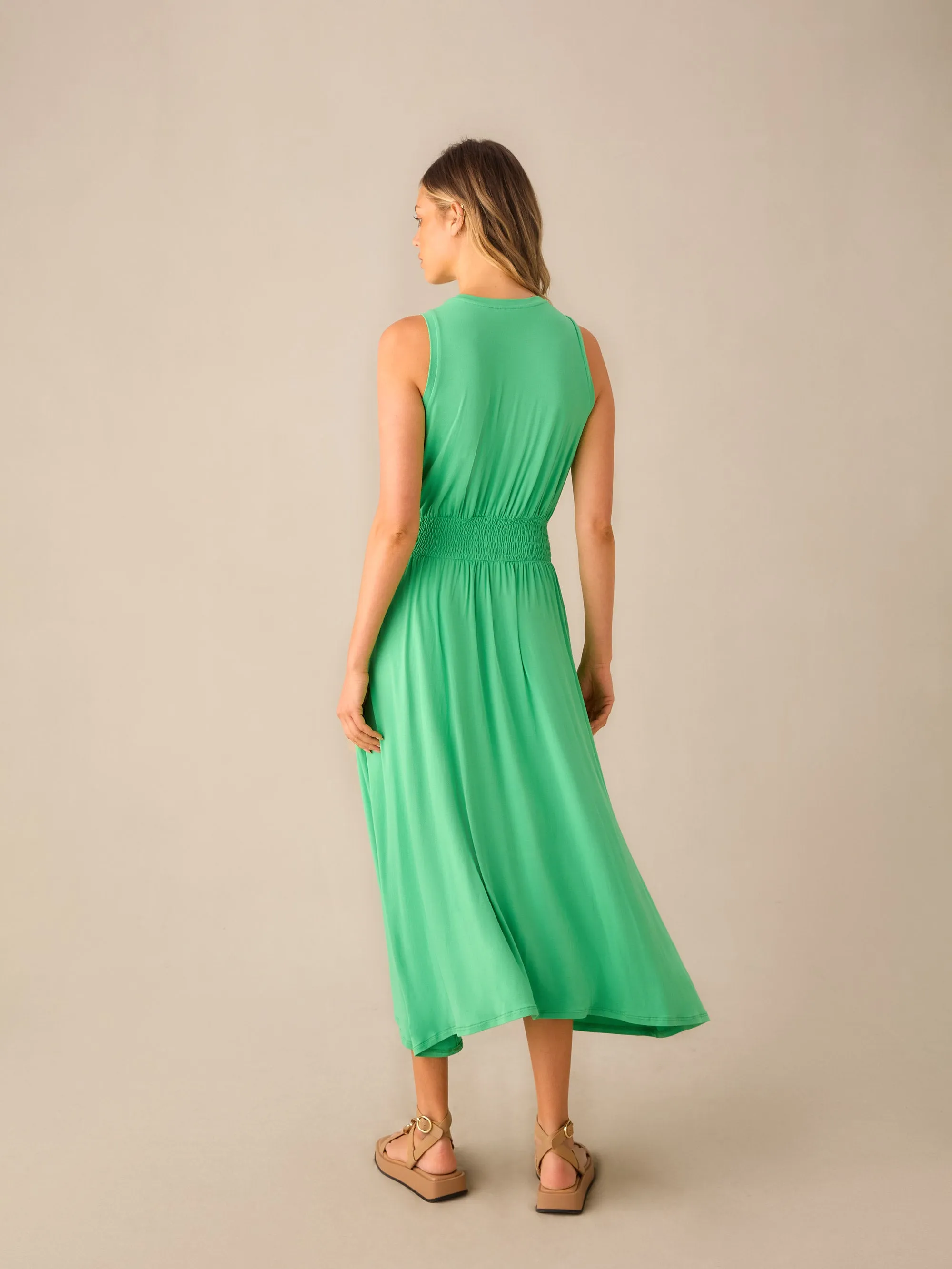 Green Jersey Shirred Waistband Dress