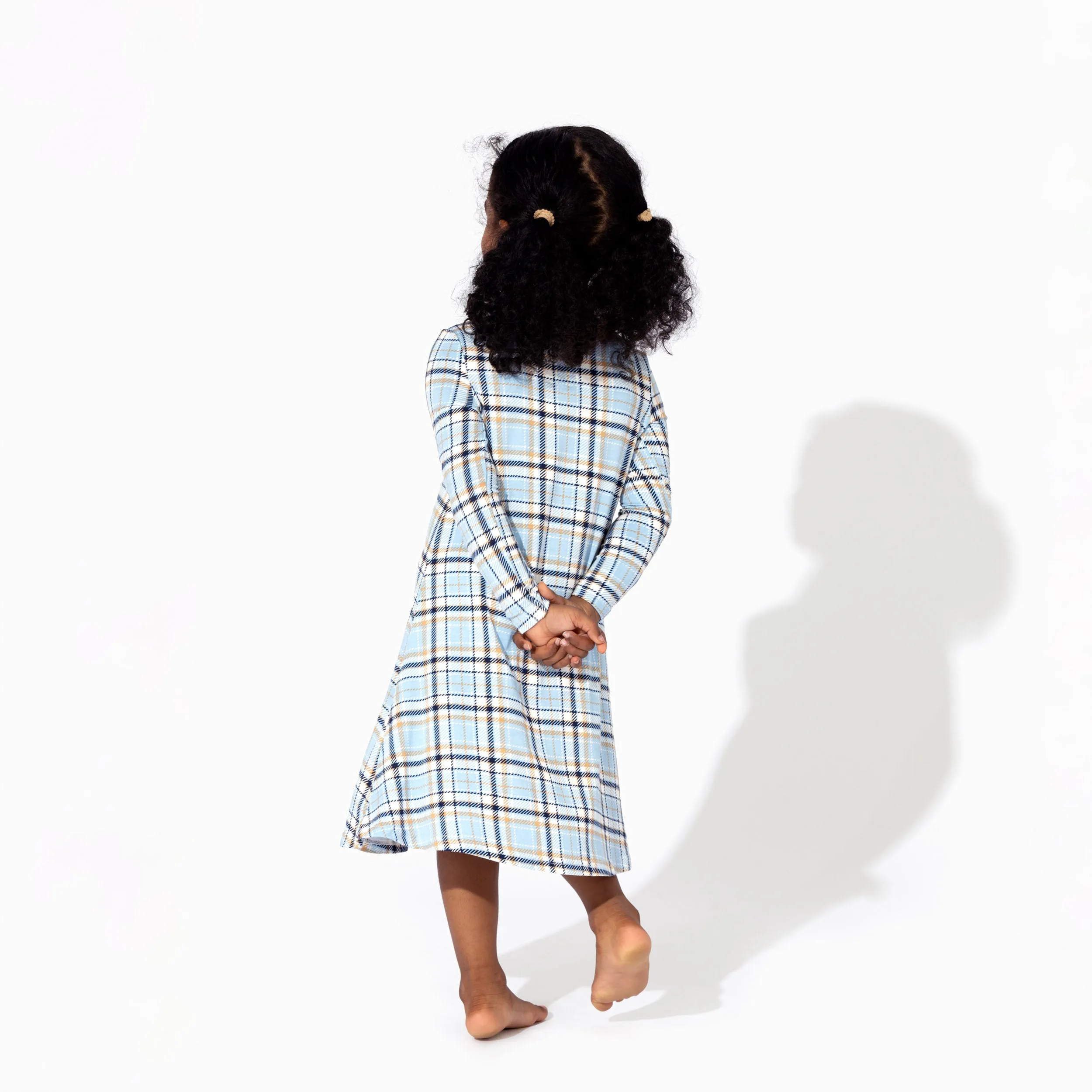 Holiday Plaid Blue Bamboo Girls' Long Sleeve Dress