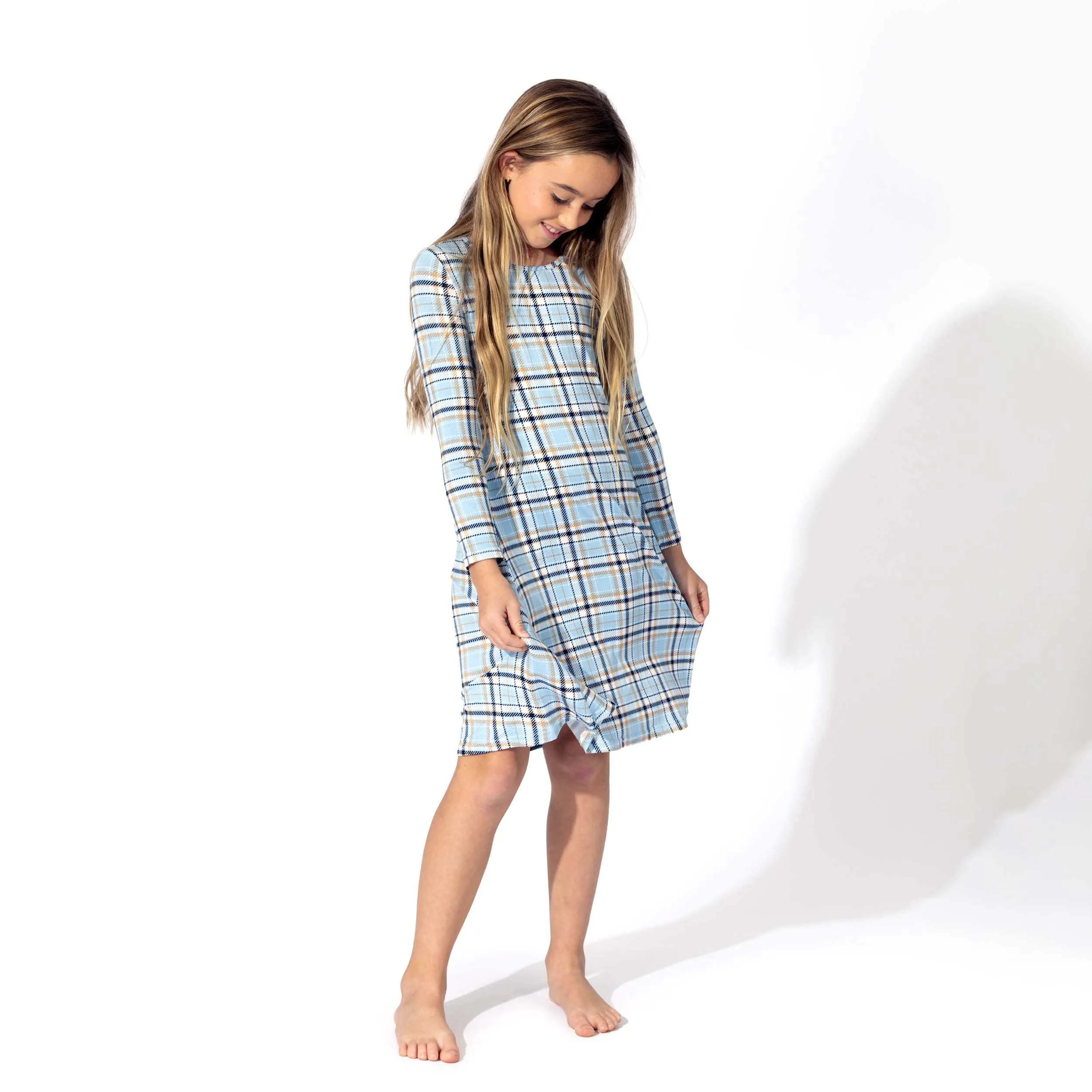 Holiday Plaid Blue Bamboo Girls' Long Sleeve Dress