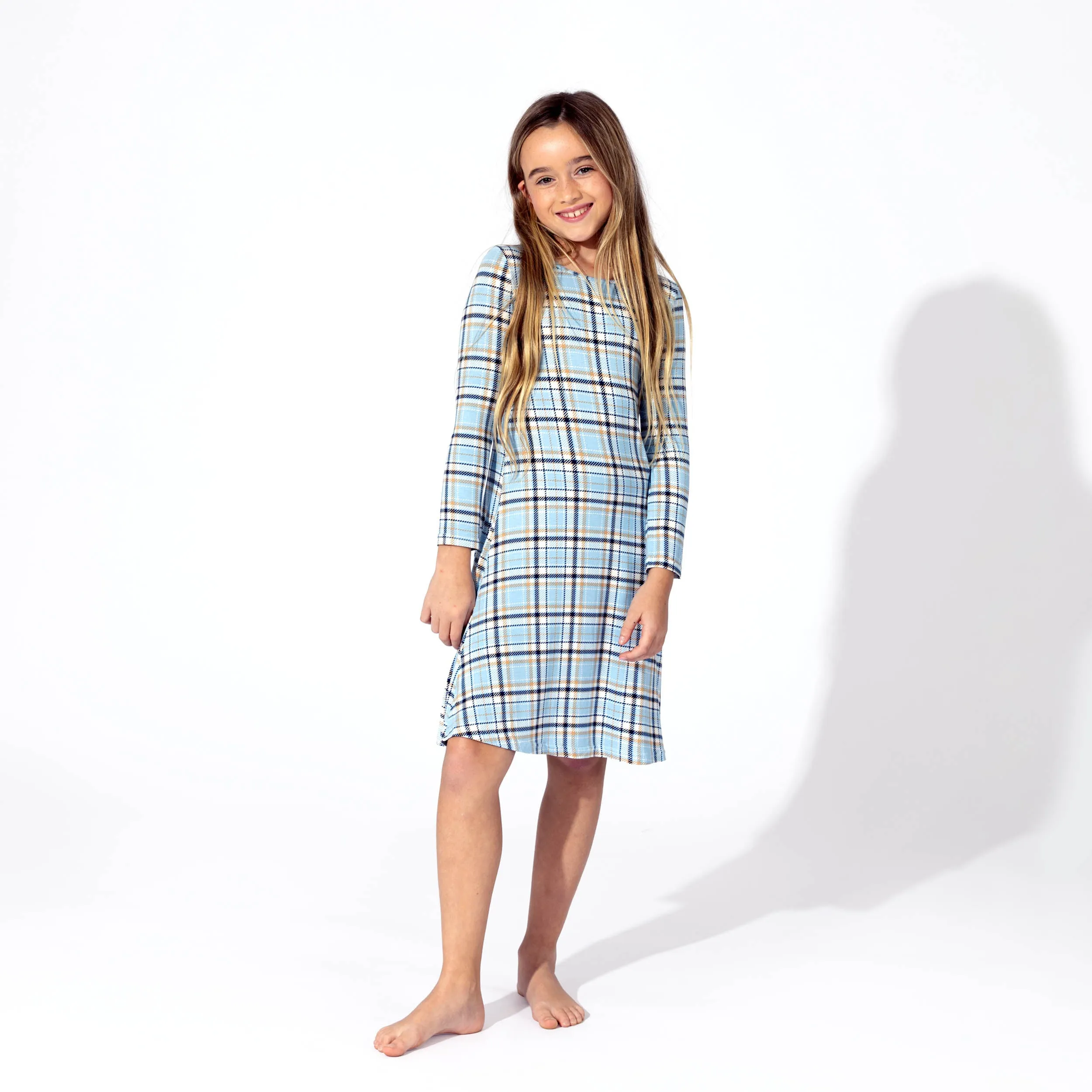 Holiday Plaid Blue Bamboo Girls' Long Sleeve Dress