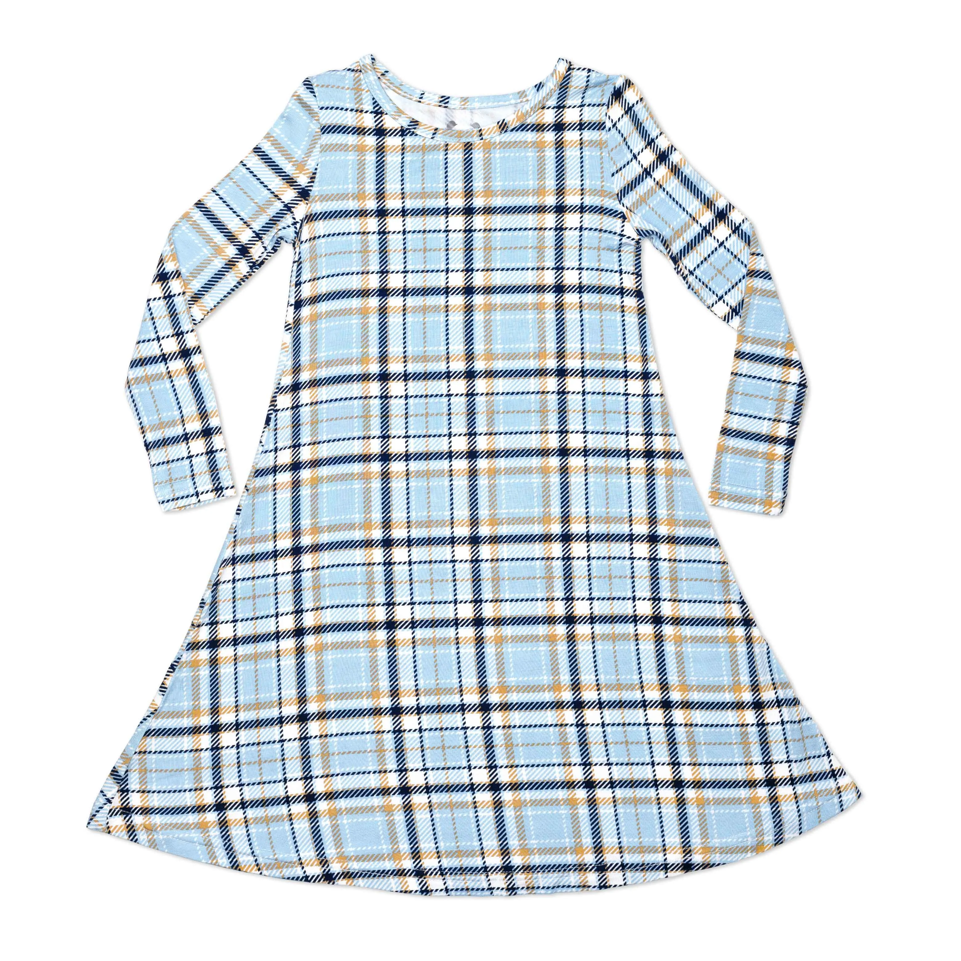 Holiday Plaid Blue Bamboo Girls' Long Sleeve Dress