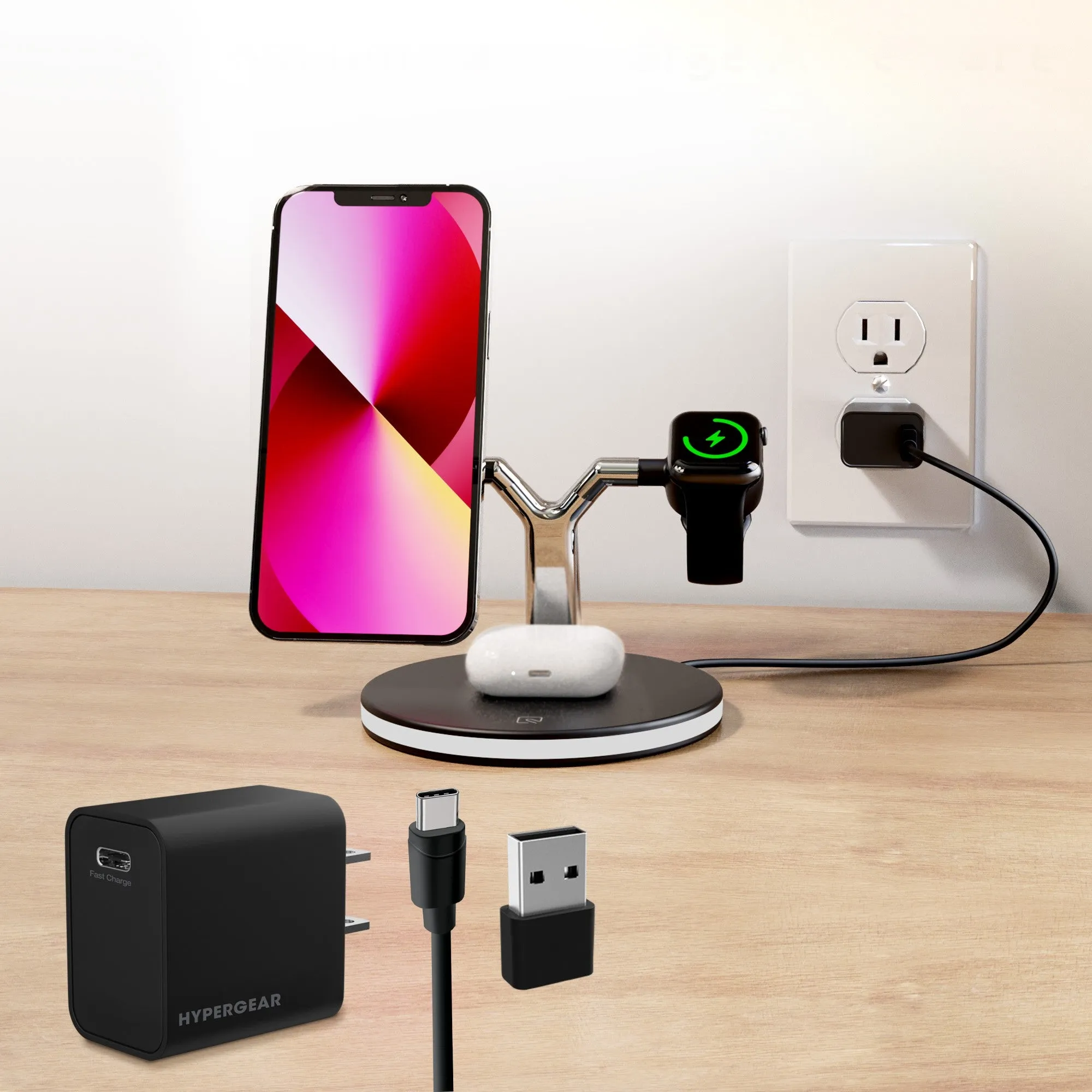 HyperGear 26W MaxCharge 3-in-1 Wireless Charging Stand Compatible with MagSafe - Black - 15-09954