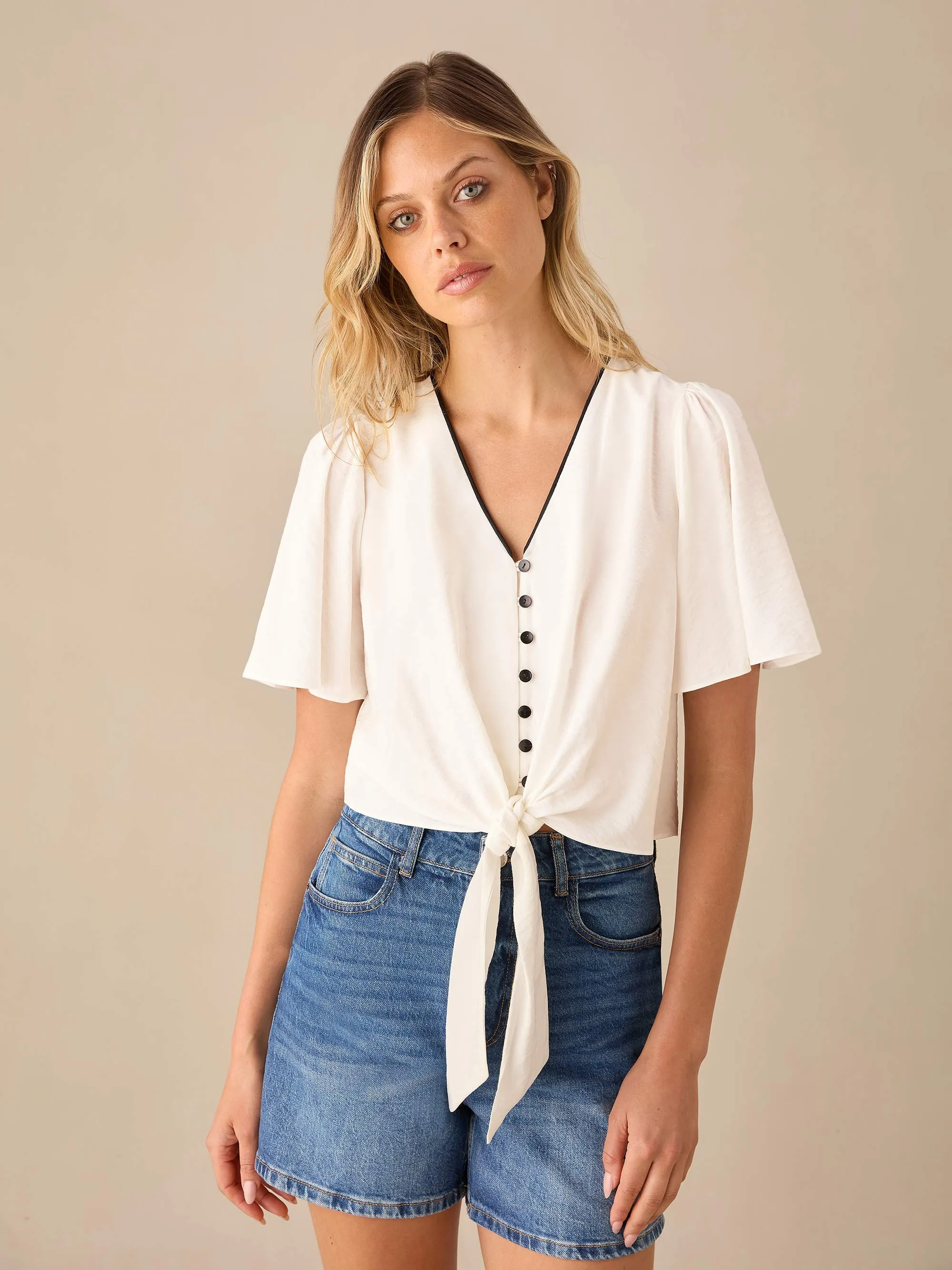 Ivory Flutter Sleeve Tie Front Top