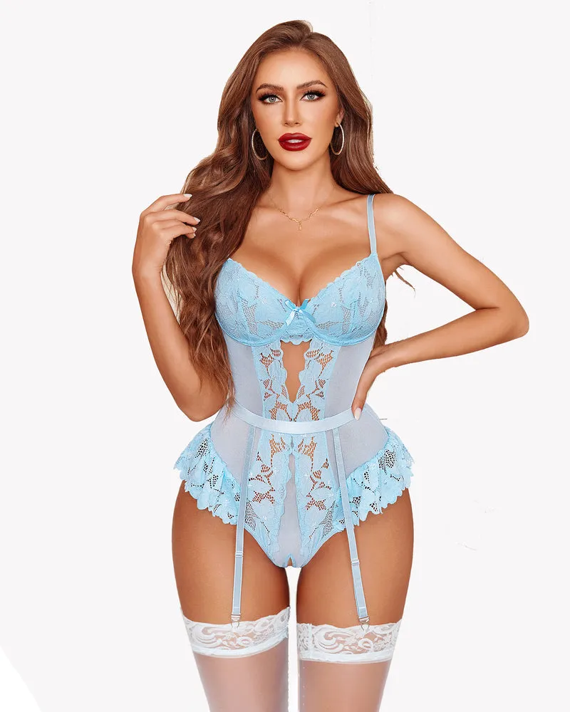 Lace Garter Lingerie Set Underwired Teddy