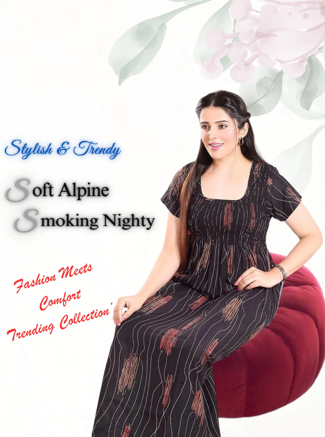 New Arrivals ONLY MINE Premium ALPINE Smokey Nighty | Beautiful Pleated Design | Side Pocket | Stylish Nighty for Trendy Women's | Your Perfect Nightwear Collection's (ALS)