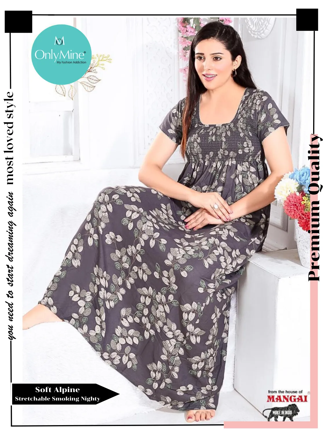 New Arrivals ONLY MINE Premium ALPINE Smokey Nighty | Beautiful Pleated Design | Side Pocket | Stylish Nighty for Trendy Women's | Your Perfect Nightwear Collection's (ALS)