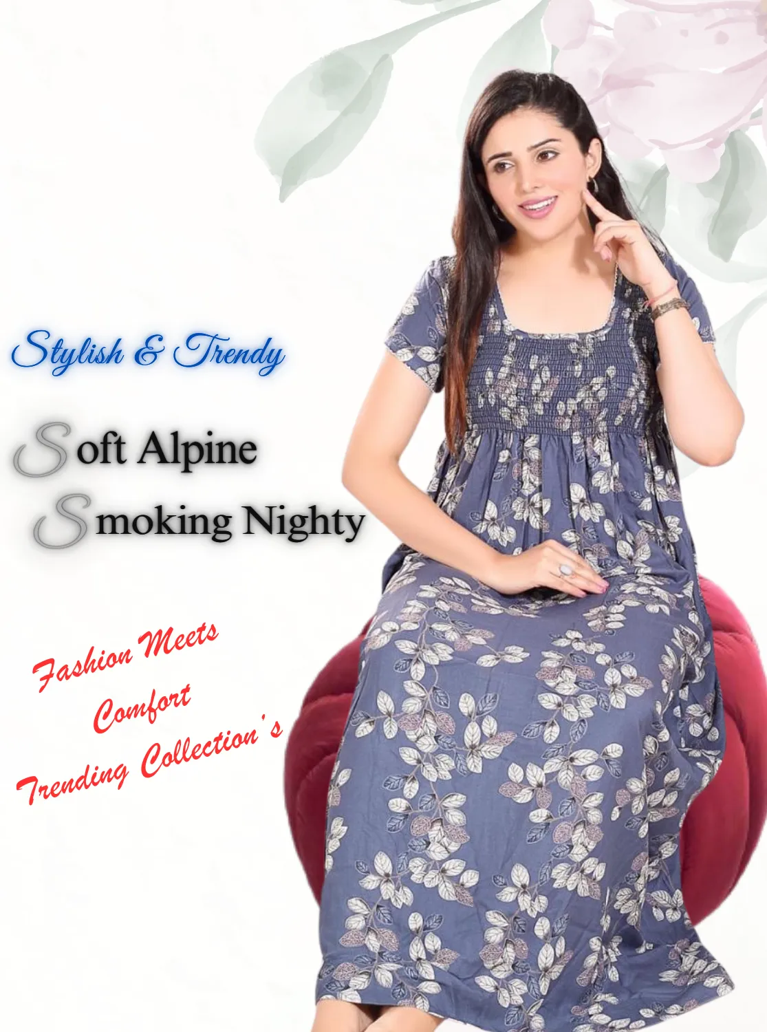 New Arrivals ONLY MINE Premium ALPINE Smokey Nighty | Beautiful Pleated Design | Side Pocket | Stylish Nighty for Trendy Women's | Your Perfect Nightwear Collection's (ALS)