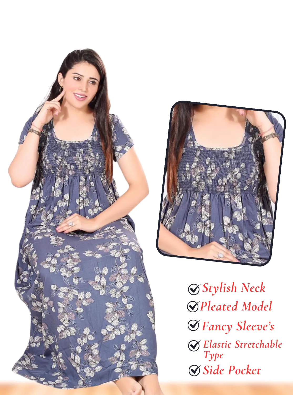 New Arrivals ONLY MINE Premium ALPINE Smokey Nighty | Beautiful Pleated Design | Side Pocket | Stylish Nighty for Trendy Women's | Your Perfect Nightwear Collection's (ALS)