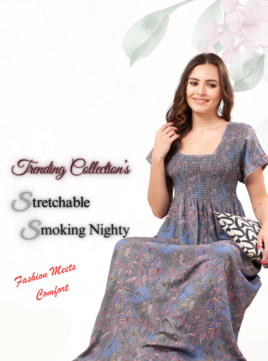 New Arrivals ONLY MINE Premium ALPINE Smokey Nighty | Beautiful Pleated Design | Side Pocket | Stylish Nighty for Trendy Women's | Your Perfect Nightwear Collection's (ALS)