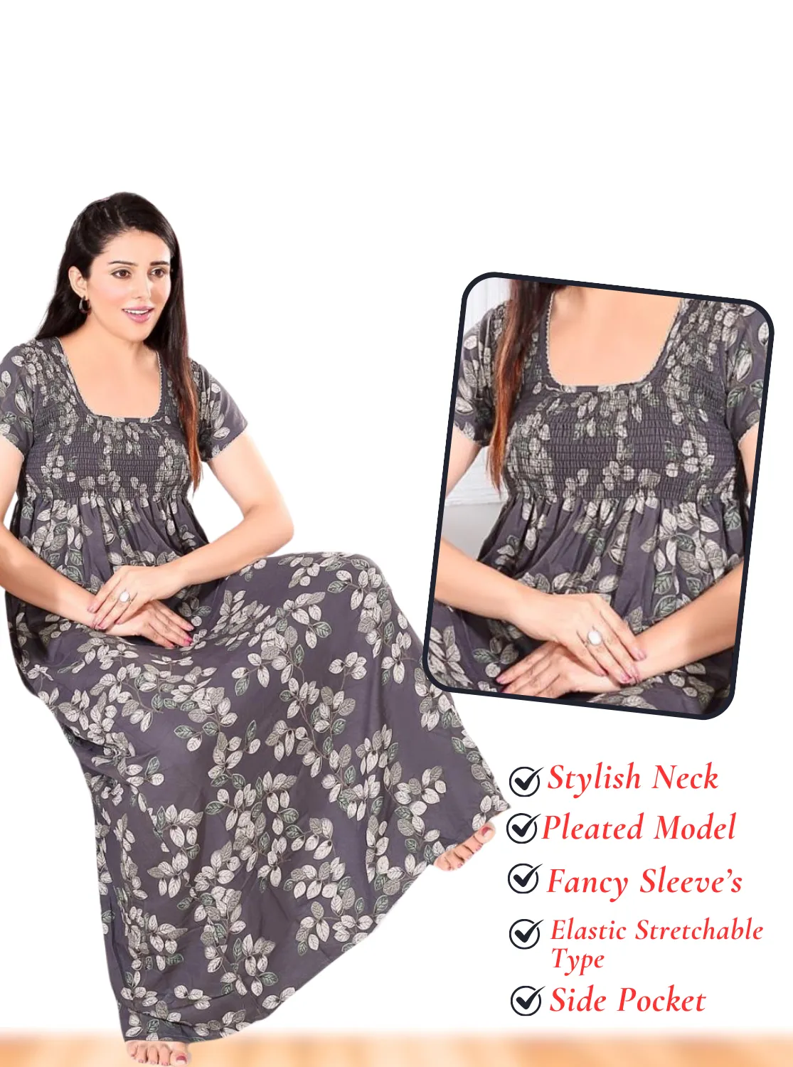 New Arrivals ONLY MINE Premium ALPINE Smokey Nighty | Beautiful Pleated Design | Side Pocket | Stylish Nighty for Trendy Women's | Your Perfect Nightwear Collection's (ALS)