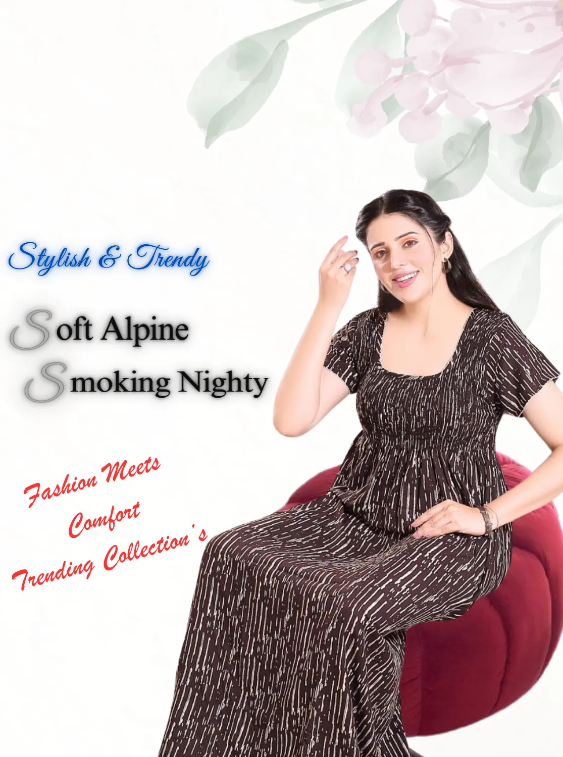 New Arrivals ONLY MINE Premium ALPINE Smokey Nighty | Beautiful Pleated Design | Side Pocket | Stylish Nighty for Trendy Women's | Your Perfect Nightwear Collection's (ALS)