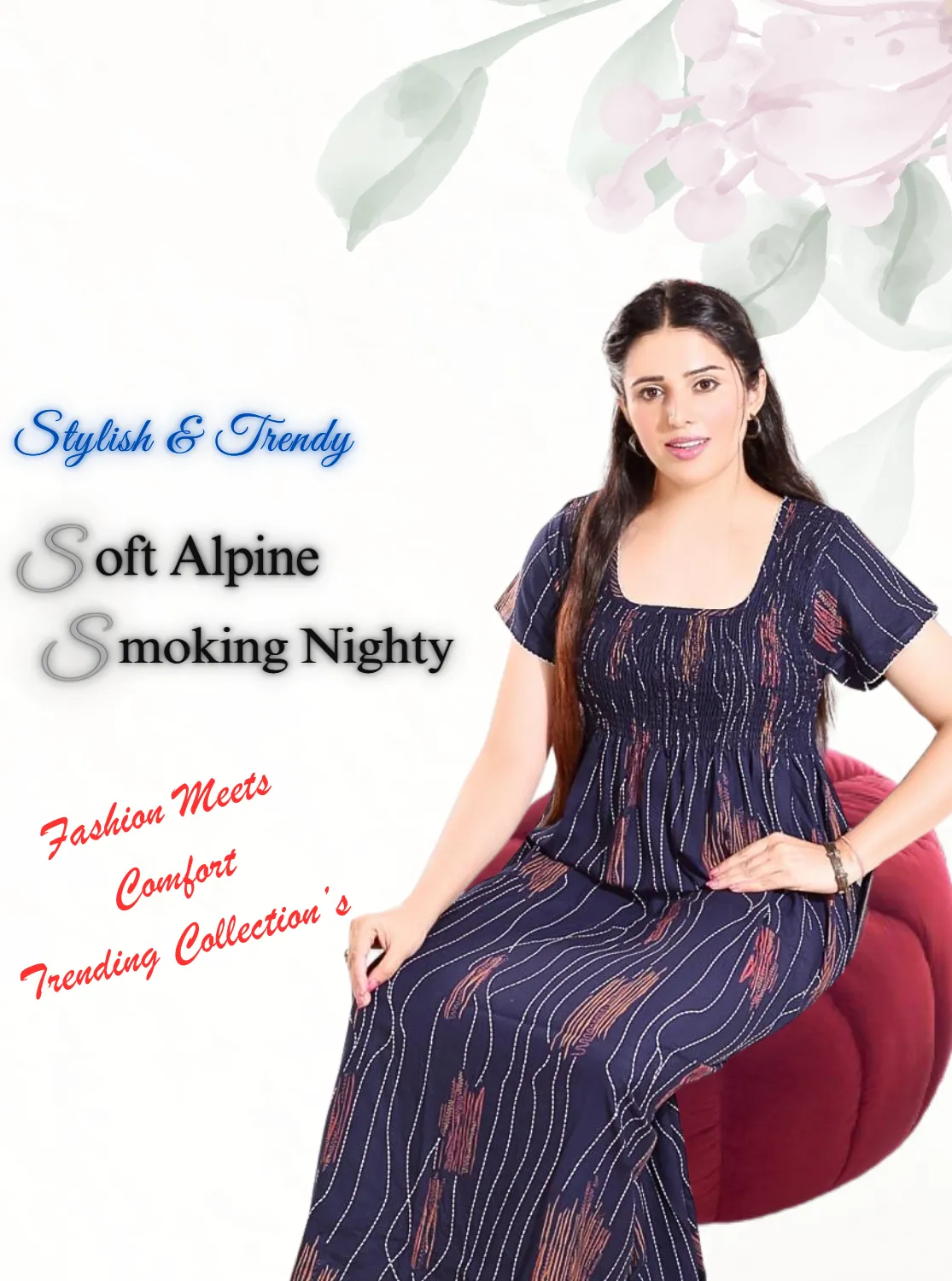 New Arrivals ONLY MINE Premium ALPINE Smokey Nighty | Beautiful Pleated Design | Side Pocket | Stylish Nighty for Trendy Women's | Your Perfect Nightwear Collection's (ALS)