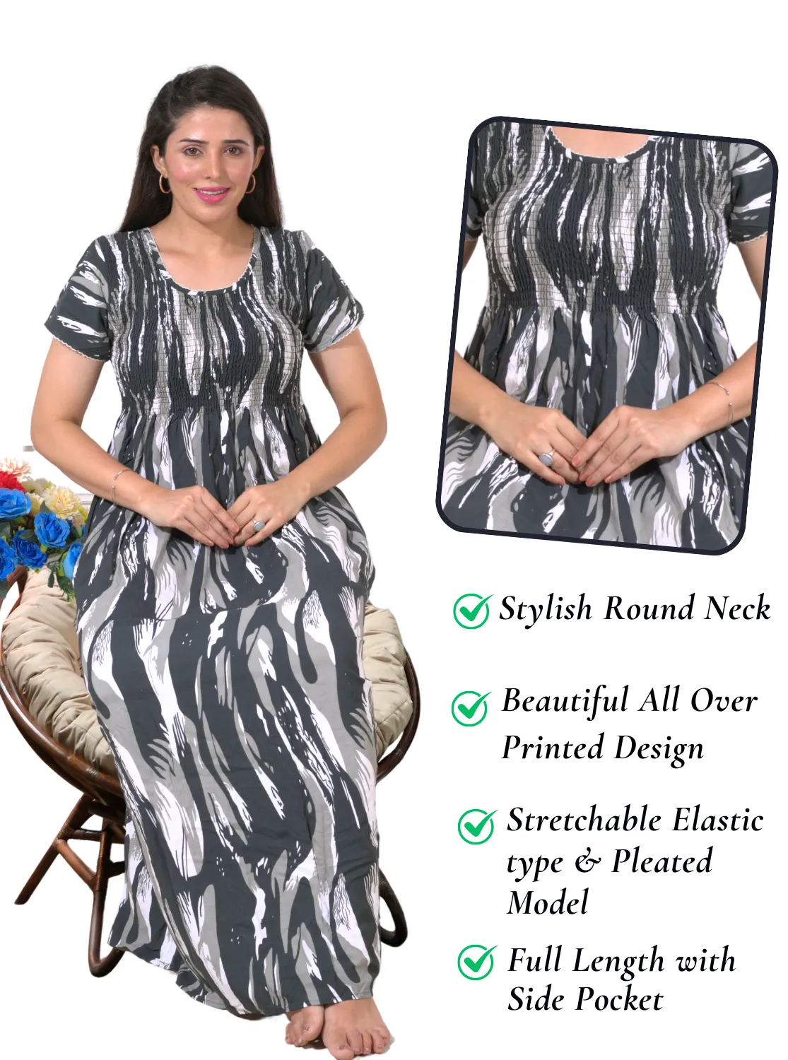 New Arrivals ONLY MINE Premium RAYON Smokey Nighty | Beautiful Pleated Design | Side Pocket | Stylish Nighty for Trendy Women's | Your Perfect Nightwear Collection's (RYS)