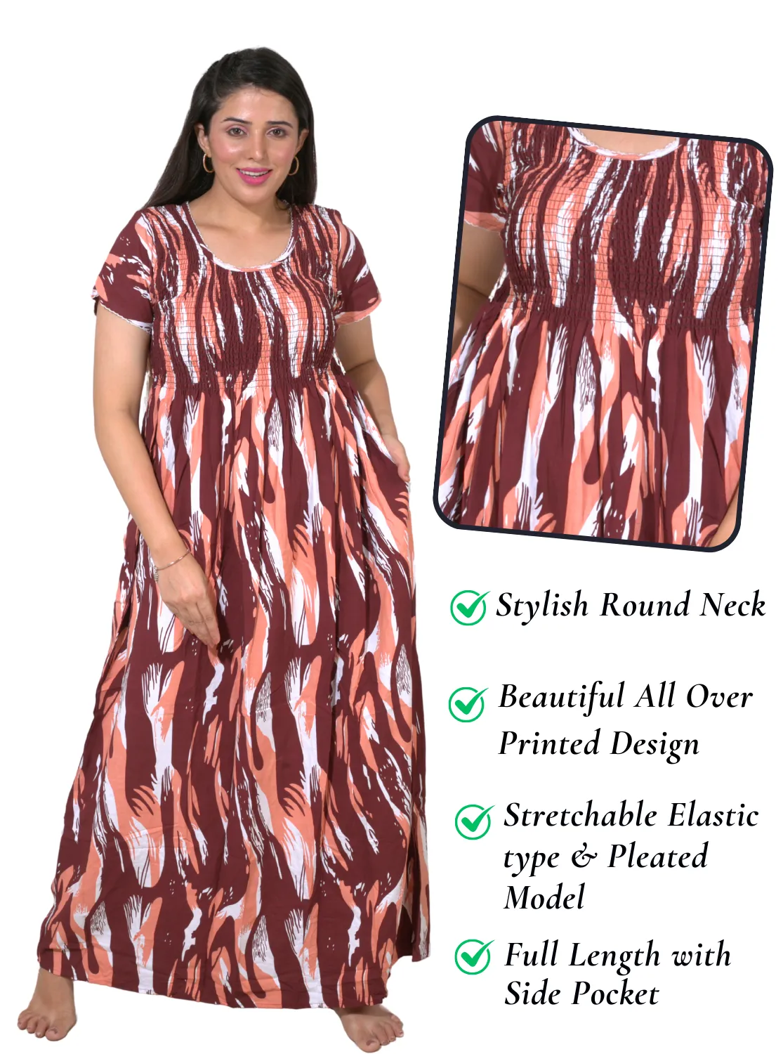 New Arrivals ONLY MINE Premium RAYON Smokey Nighty | Beautiful Pleated Design | Side Pocket | Stylish Nighty for Trendy Women's | Your Perfect Nightwear Collection's (RYS)