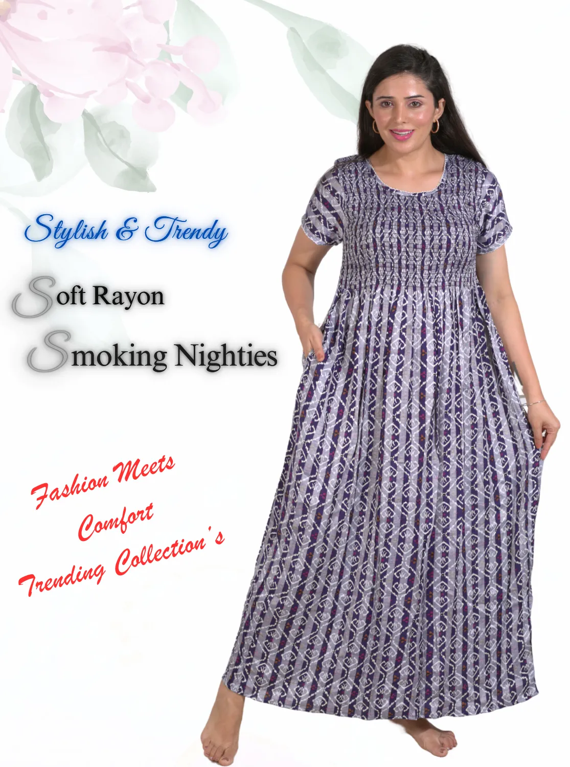 New Arrivals ONLY MINE Premium RAYON Smokey Nighty | Beautiful Pleated Design | Side Pocket | Stylish Nighty for Trendy Women's | Your Perfect Nightwear Collection's (RYS)