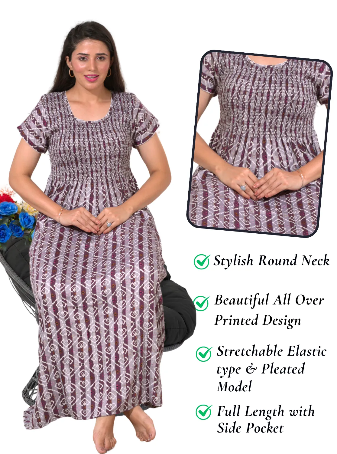 New Arrivals ONLY MINE Premium RAYON Smokey Nighty | Beautiful Pleated Design | Side Pocket | Stylish Nighty for Trendy Women's | Your Perfect Nightwear Collection's (RYS)