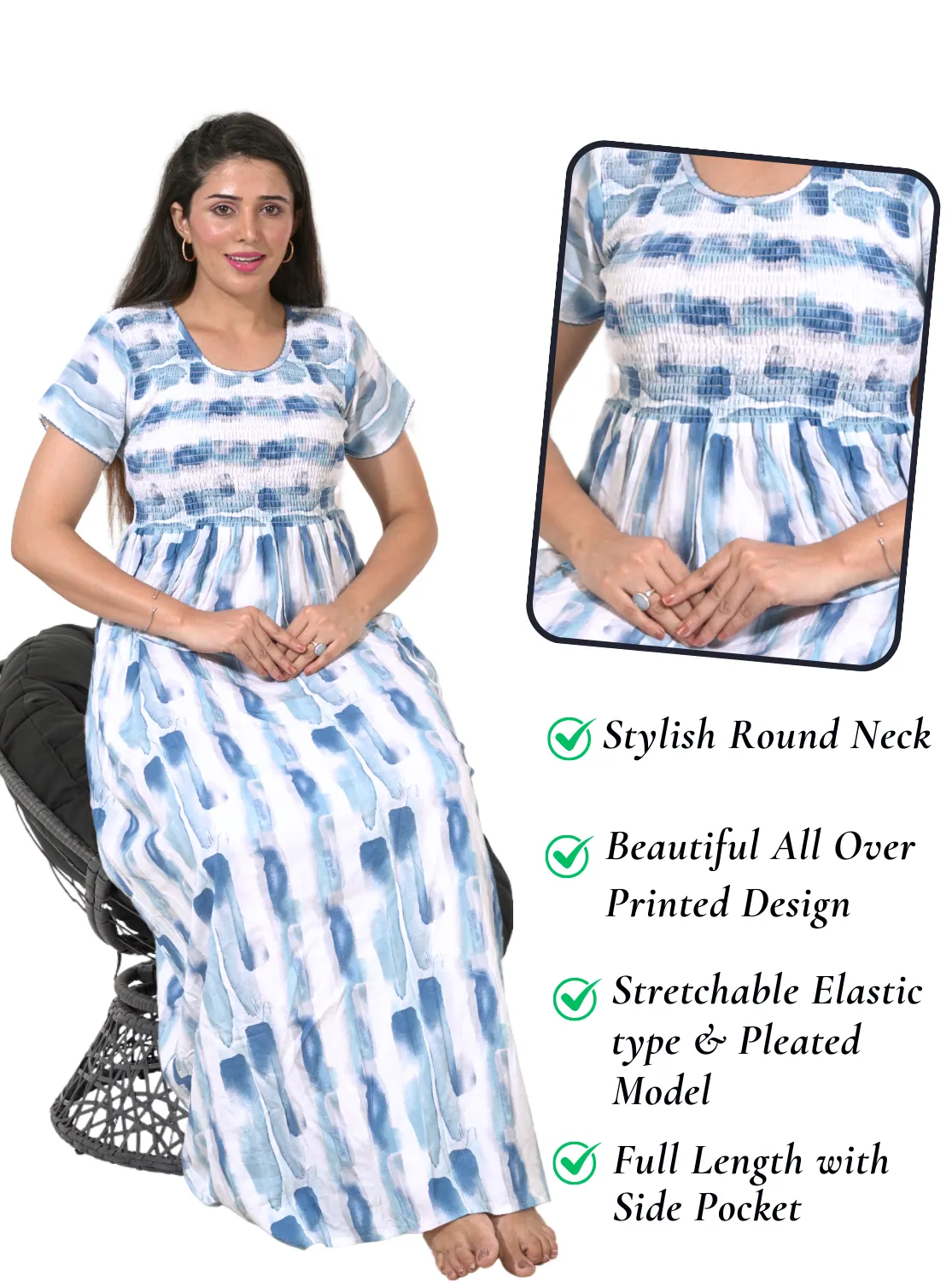 New Arrivals ONLY MINE Premium RAYON Smokey Nighty | Beautiful Pleated Design | Side Pocket | Stylish Nighty for Trendy Women's | Your Perfect Nightwear Collection's (RYS)