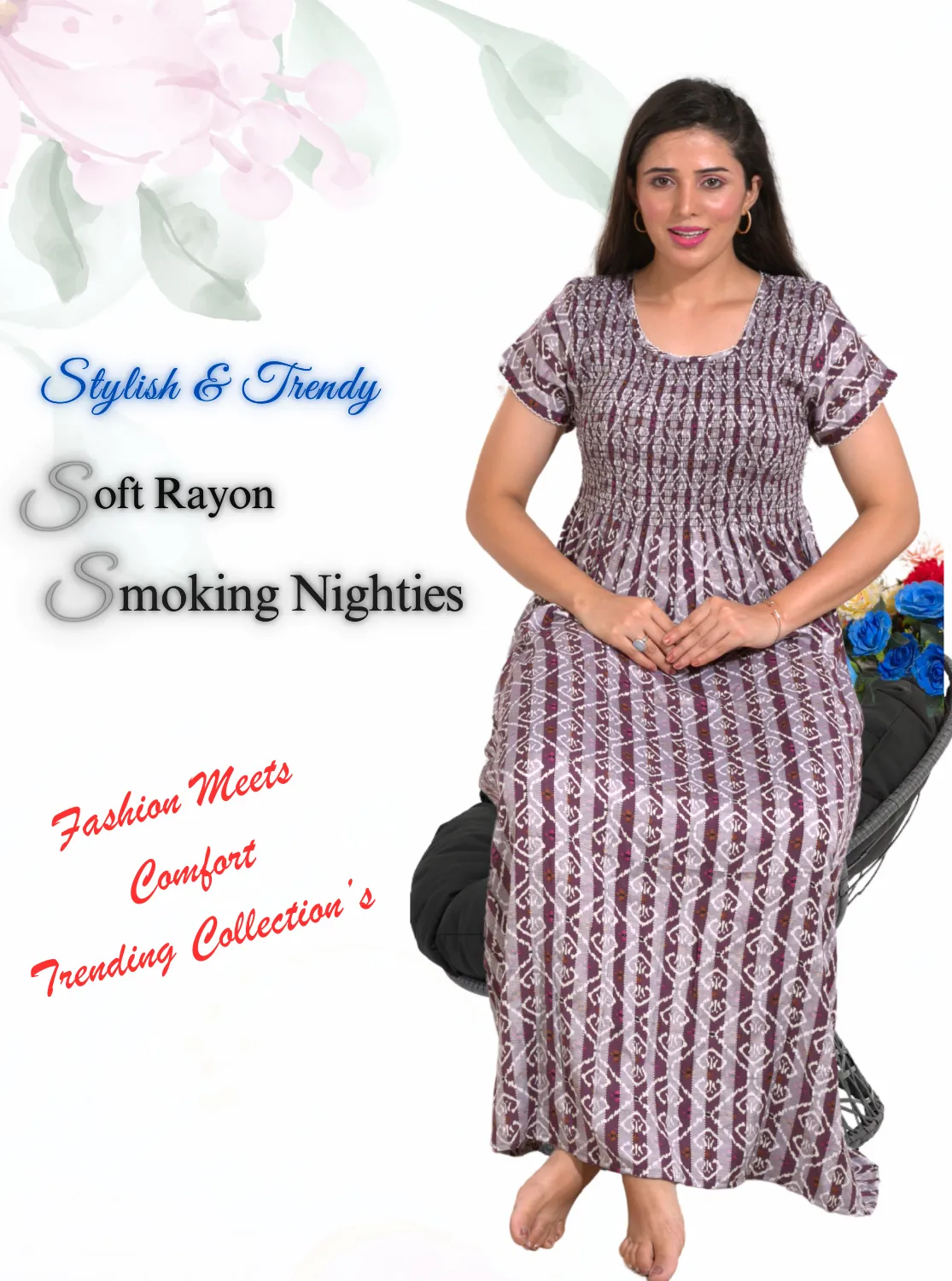 New Arrivals ONLY MINE Premium RAYON Smokey Nighty | Beautiful Pleated Design | Side Pocket | Stylish Nighty for Trendy Women's | Your Perfect Nightwear Collection's (RYS)