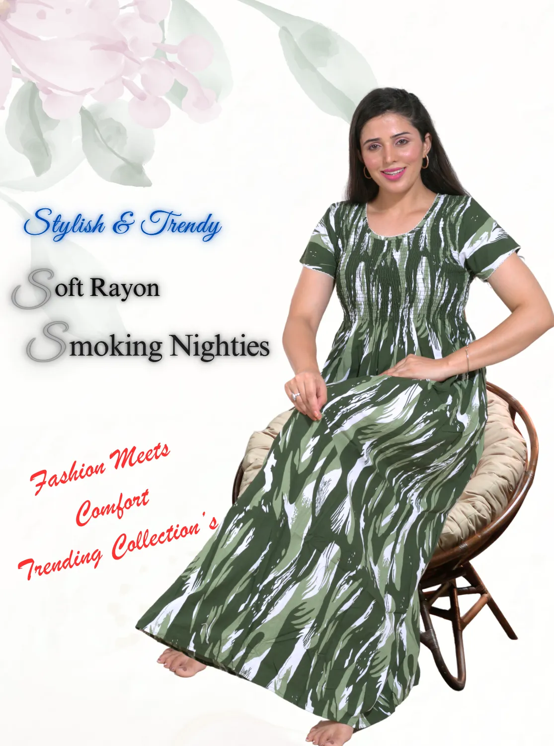 New Arrivals ONLY MINE Premium RAYON Smokey Nighty | Beautiful Pleated Design | Side Pocket | Stylish Nighty for Trendy Women's | Your Perfect Nightwear Collection's (RYS)