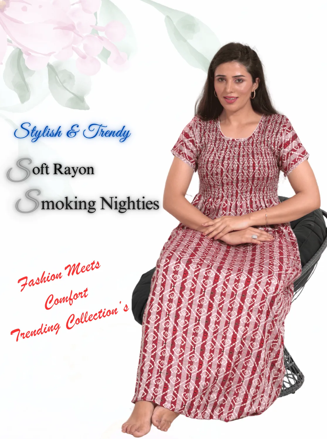 New Arrivals ONLY MINE Premium RAYON Smokey Nighty | Beautiful Pleated Design | Side Pocket | Stylish Nighty for Trendy Women's | Your Perfect Nightwear Collection's (RYS)