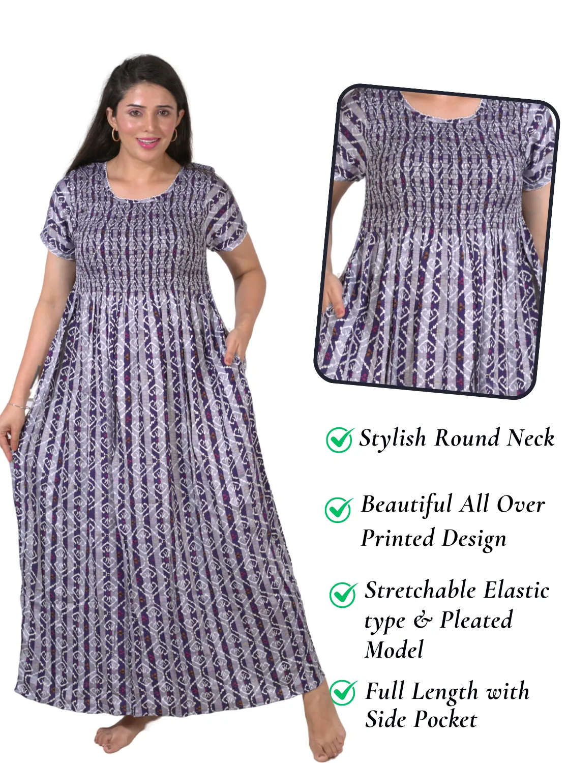 New Arrivals ONLY MINE Premium RAYON Smokey Nighty | Beautiful Pleated Design | Side Pocket | Stylish Nighty for Trendy Women's | Your Perfect Nightwear Collection's (RYS)