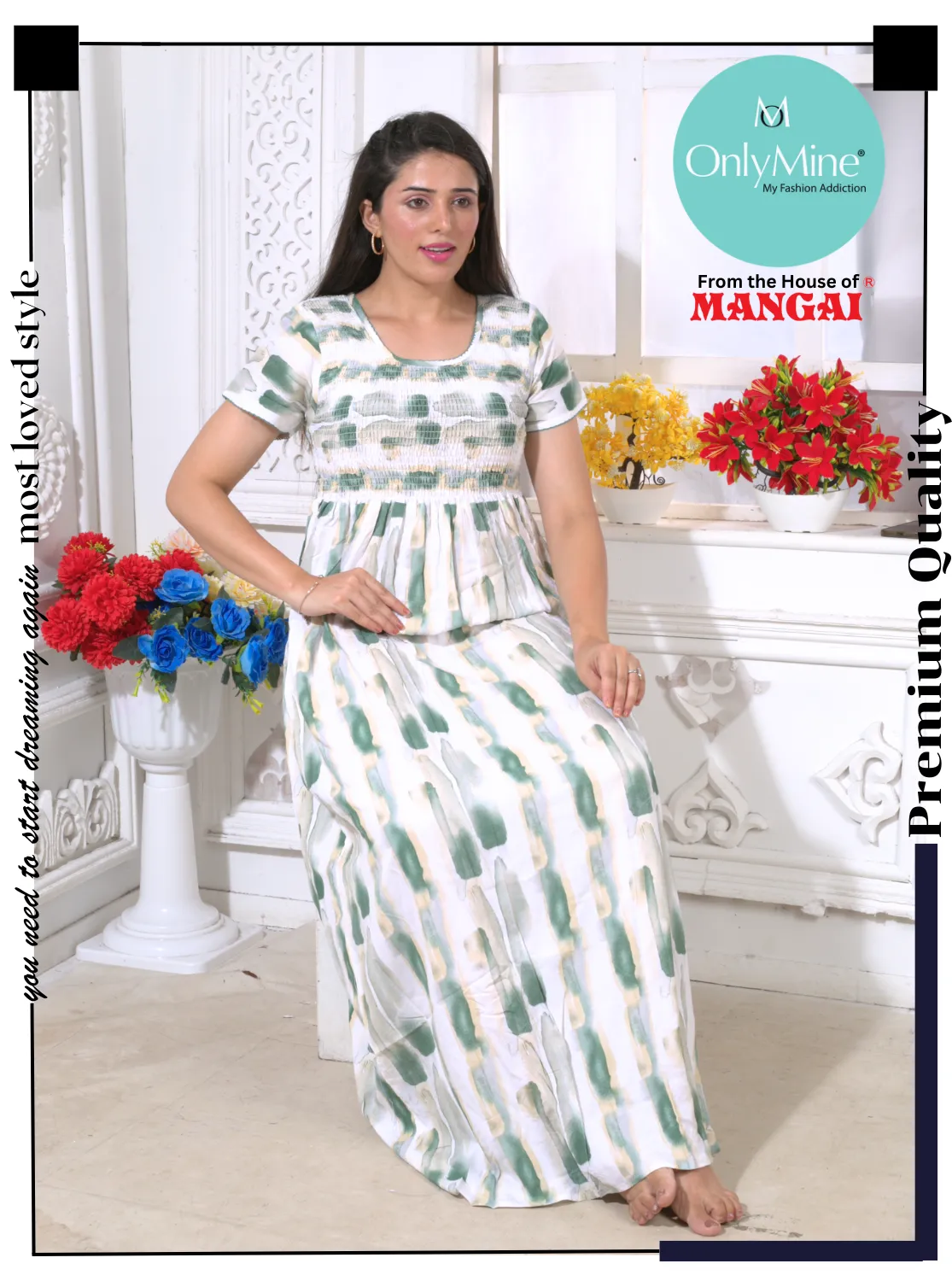 New Arrivals ONLY MINE Premium RAYON Smokey Nighty | Beautiful Pleated Design | Side Pocket | Stylish Nighty for Trendy Women's | Your Perfect Nightwear Collection's (RYS)